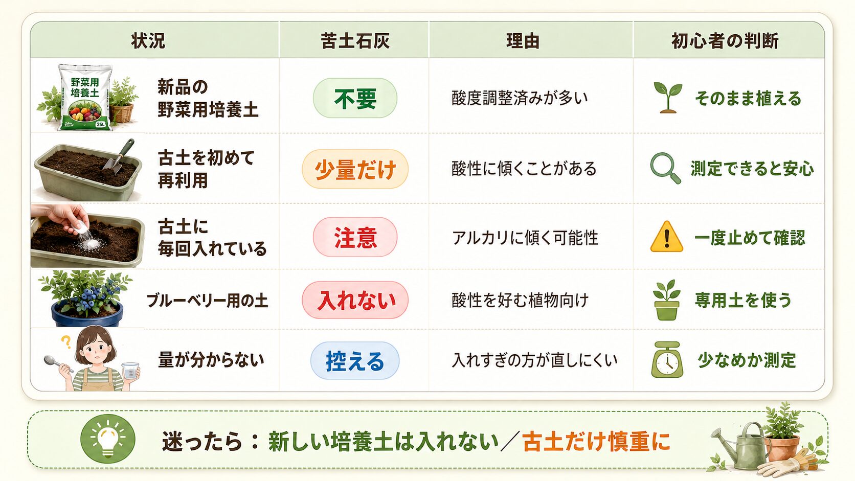苦土石灰を使うケースと使わないケースの早見表