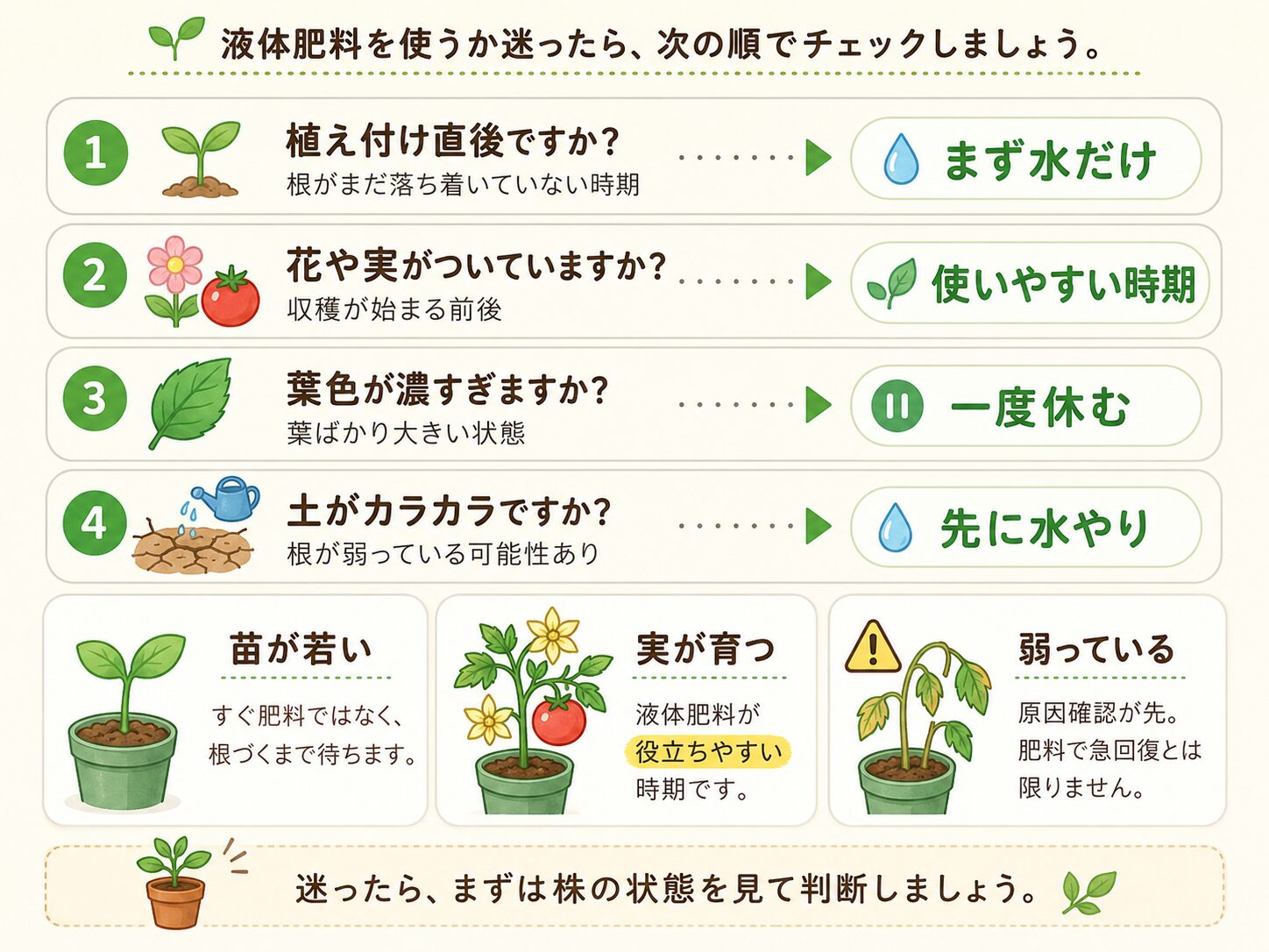 液体肥料を使うか使わないかを判断する診断図。植え付け直後、花や実、葉色、土の乾きから判断する流れを示している。