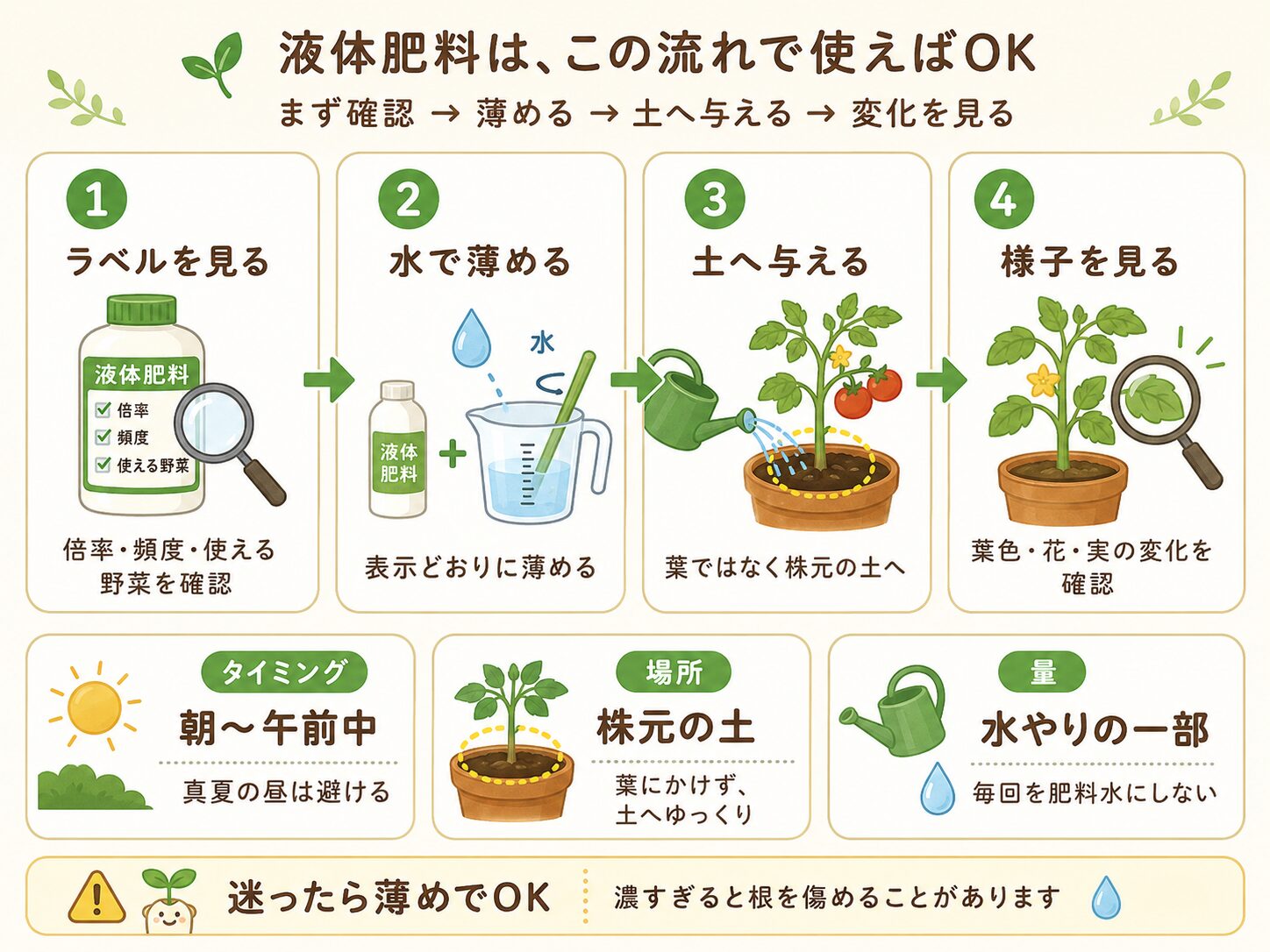 液体肥料の使い方を4ステップで説明した図解。ラベルを見る、水で薄める、土へ与える、様子を見る流れを示している。