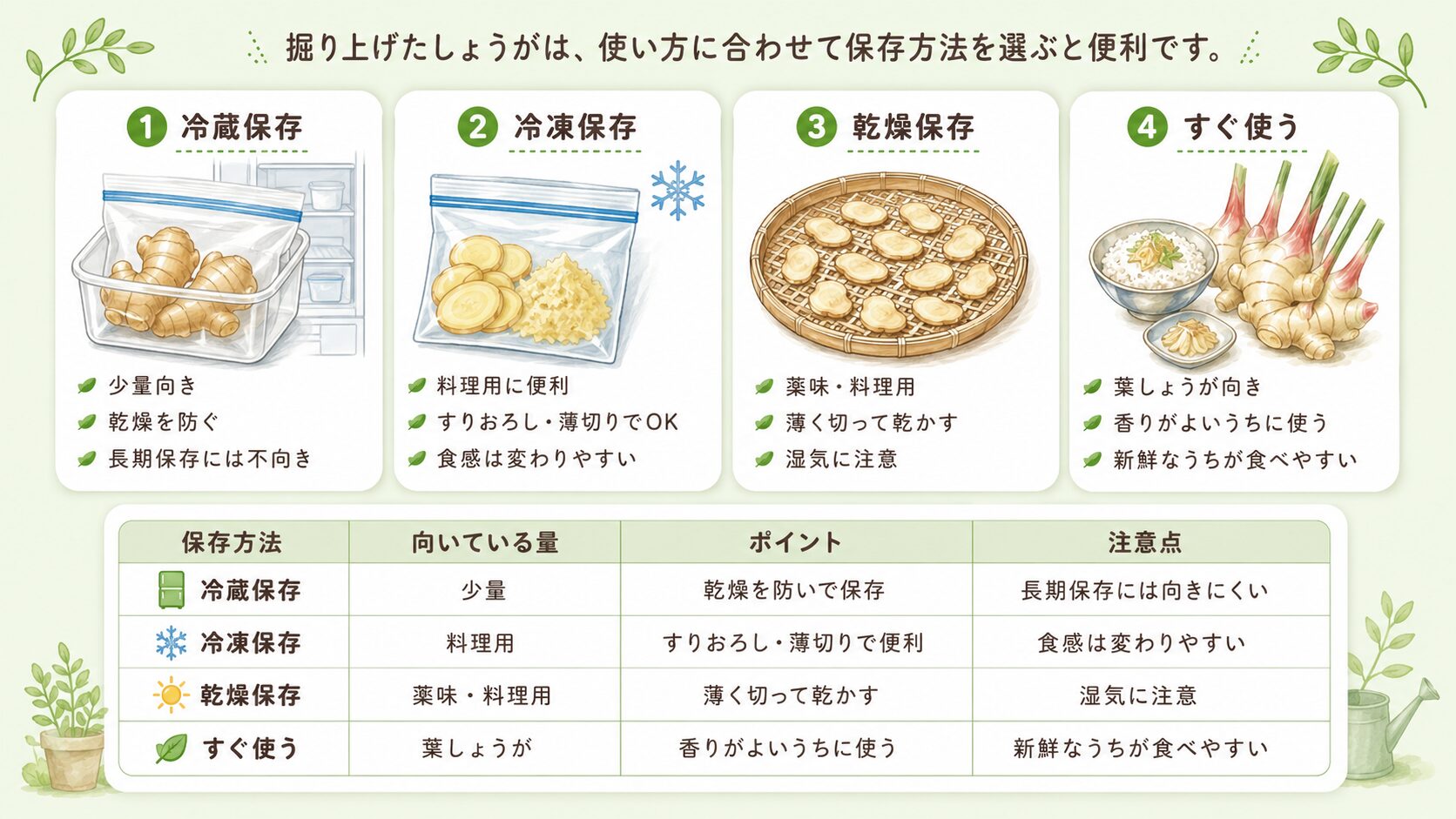 収穫したしょうがの冷蔵保存・冷凍保存・乾燥保存を比較した画像