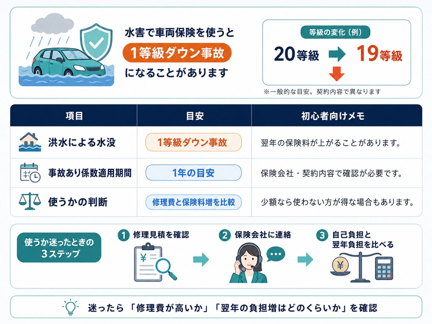 水害で車両保険を使った場合の1等級ダウン事故、事故あり係数適用期間、使うかの判断を説明する表
