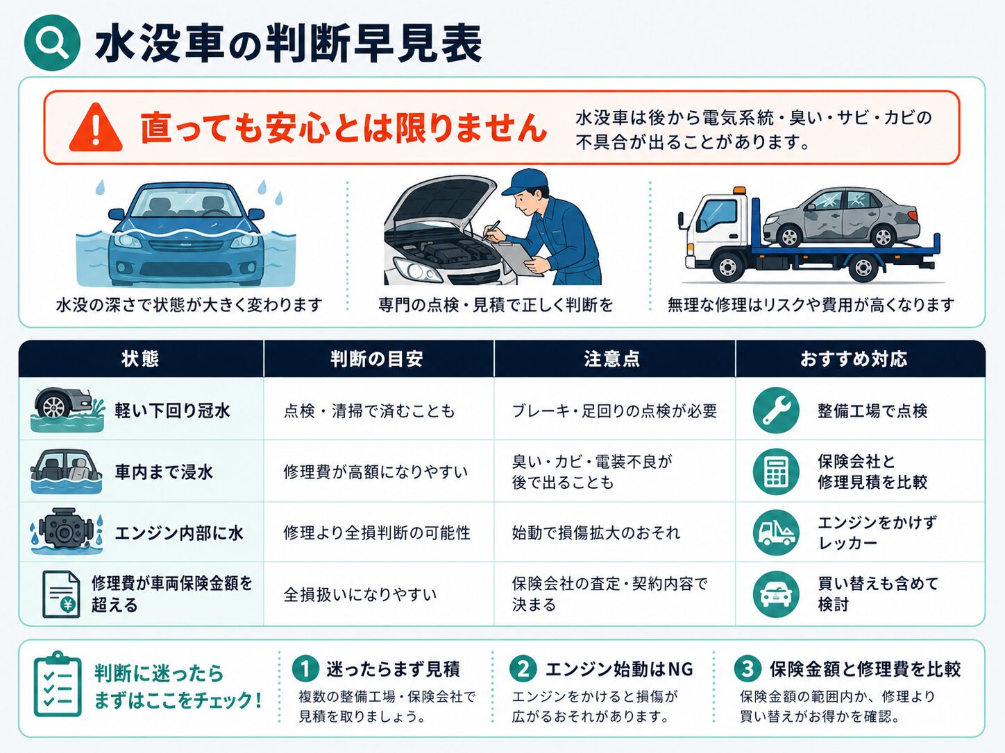 水没車を修理するか全損扱いにするか、状態別に判断の目安とおすすめ対応を示した表