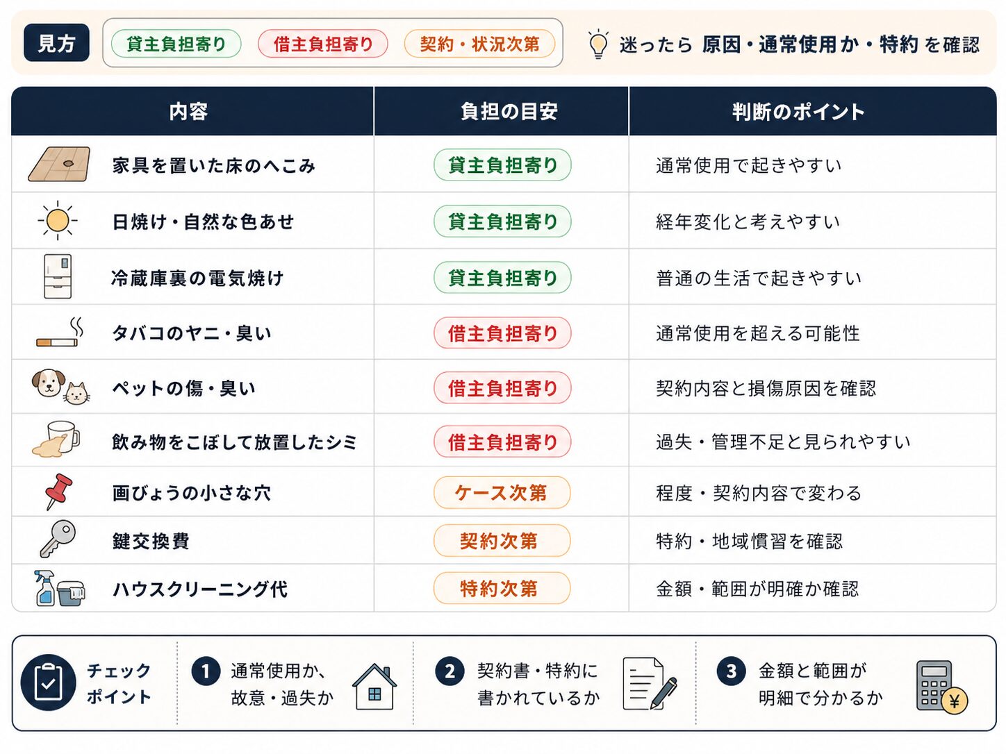 退去費用の借主負担と貸主負担を分ける一覧表