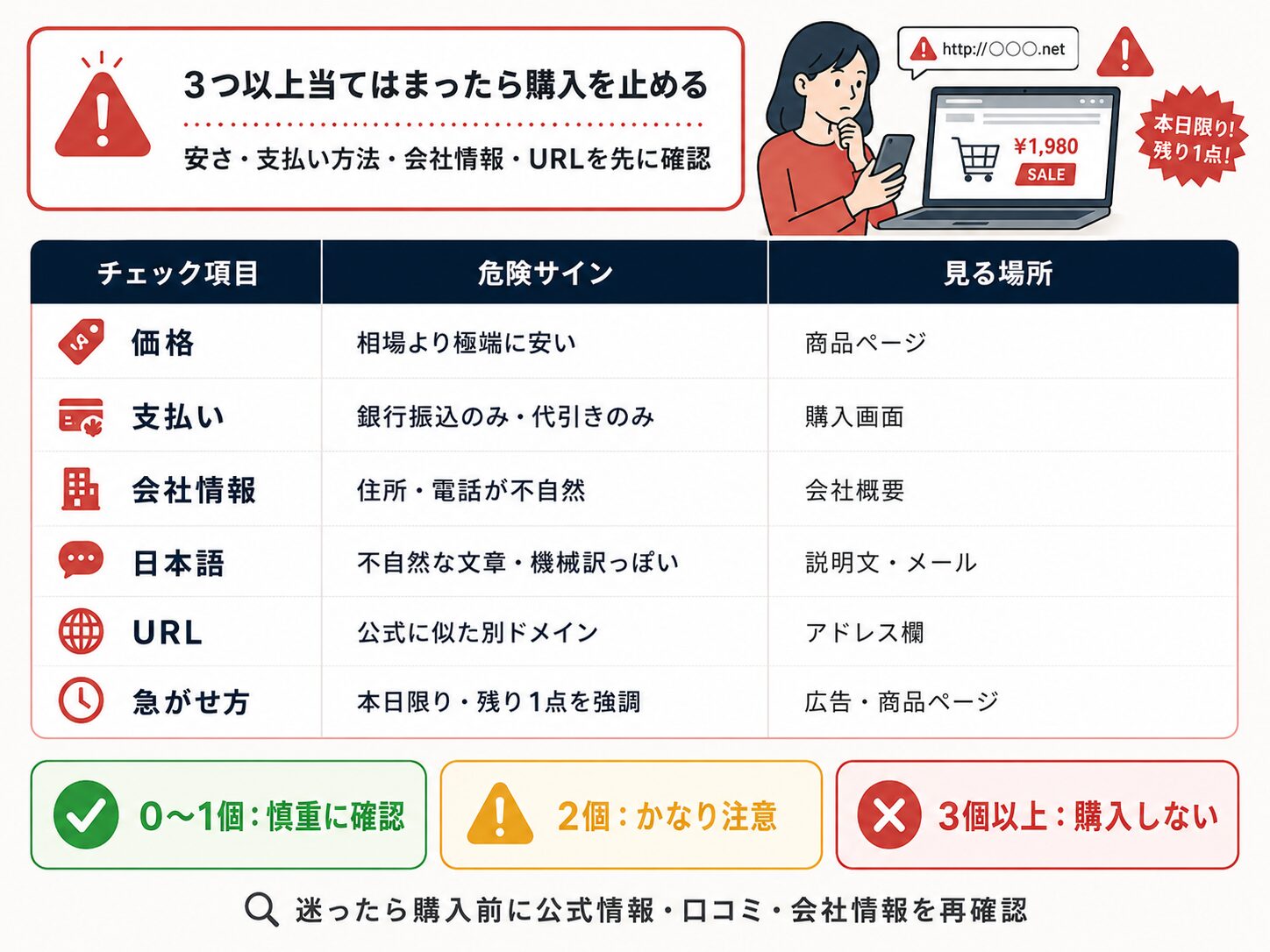偽ショッピングサイトを見分ける購入前チェック表。
