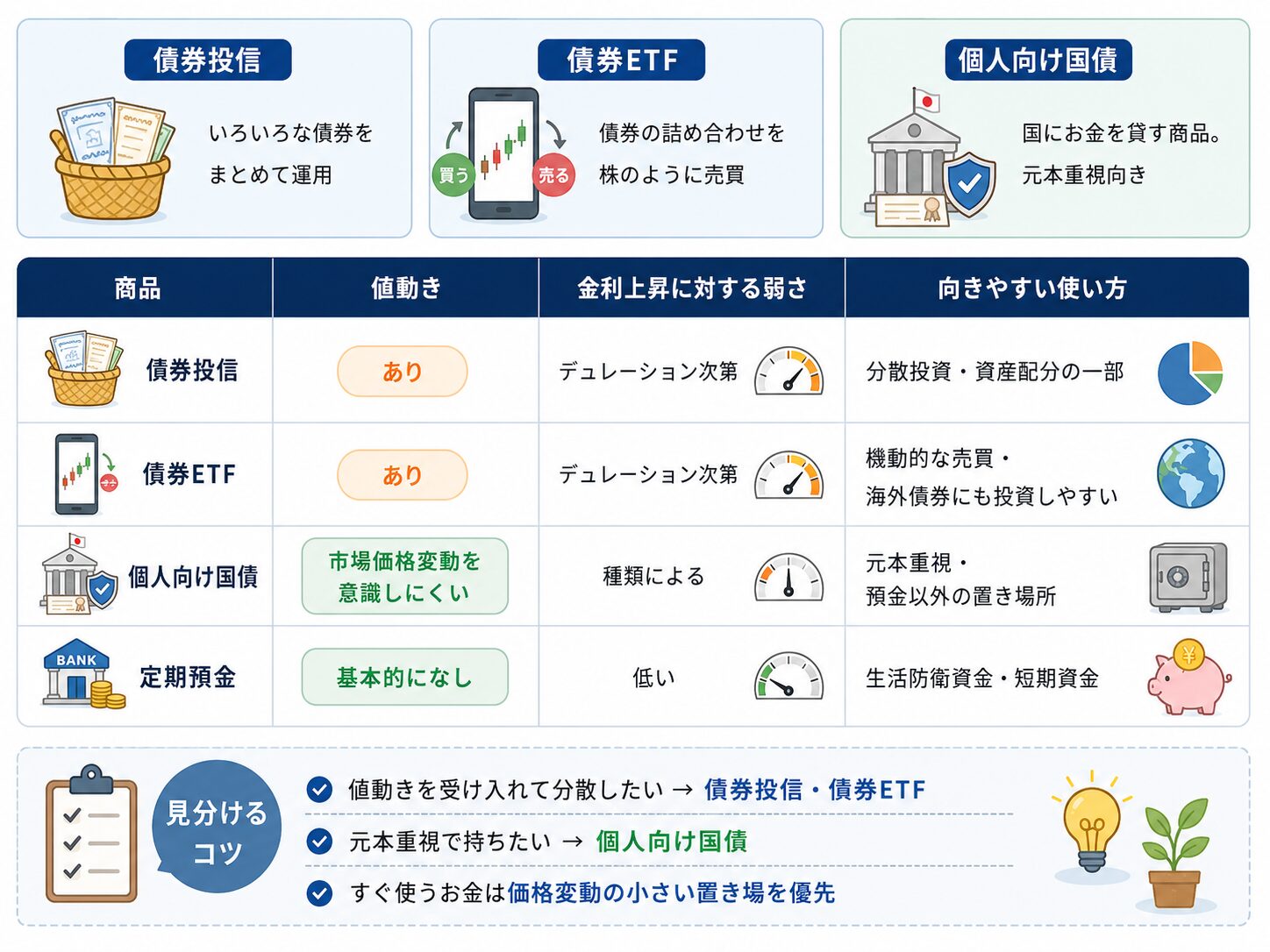 債券投信、債券ETF、個人向け国債、定期預金の値動きや向きやすい使い方を比較した表