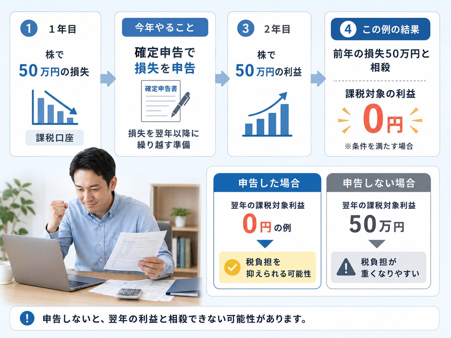 今年50万円の損失を確定申告し翌年50万円の利益と相殺する具体例を説明する図