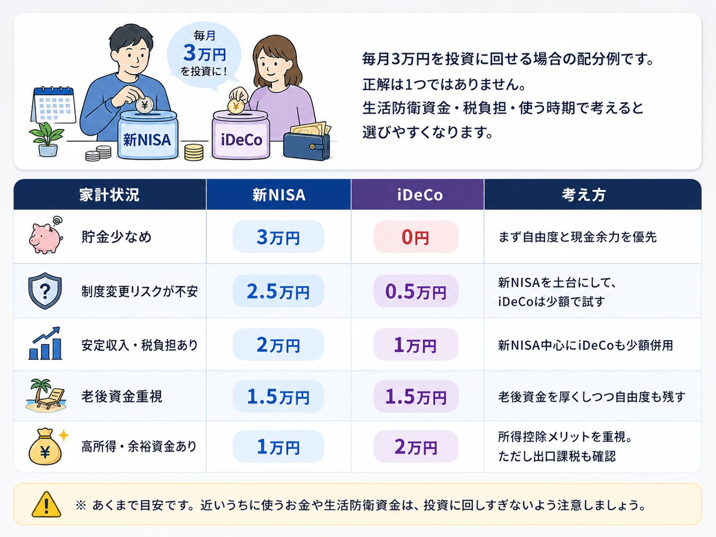 毎月3万円を投資に回せる場合の新NISAとiDeCoの配分例。貯金少なめ、制度変更リスクが不安、安定収入、老後資金重視、高所得のケース別に整理