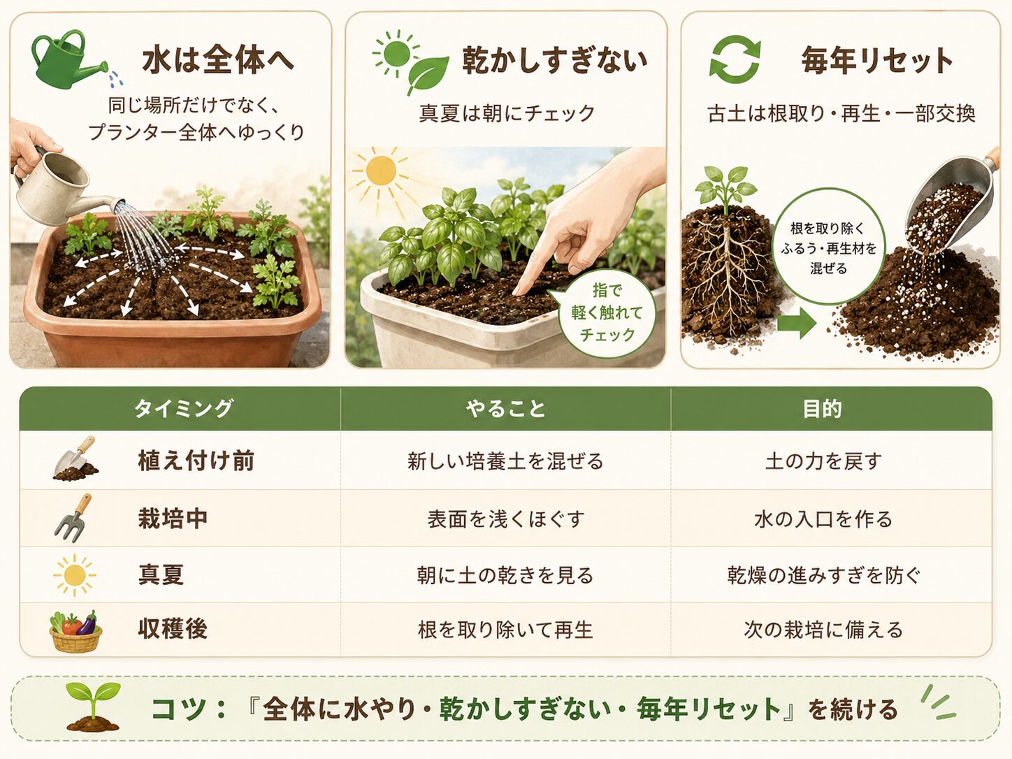 プランターの土が再び固くなるのを防ぐ予防策の図解