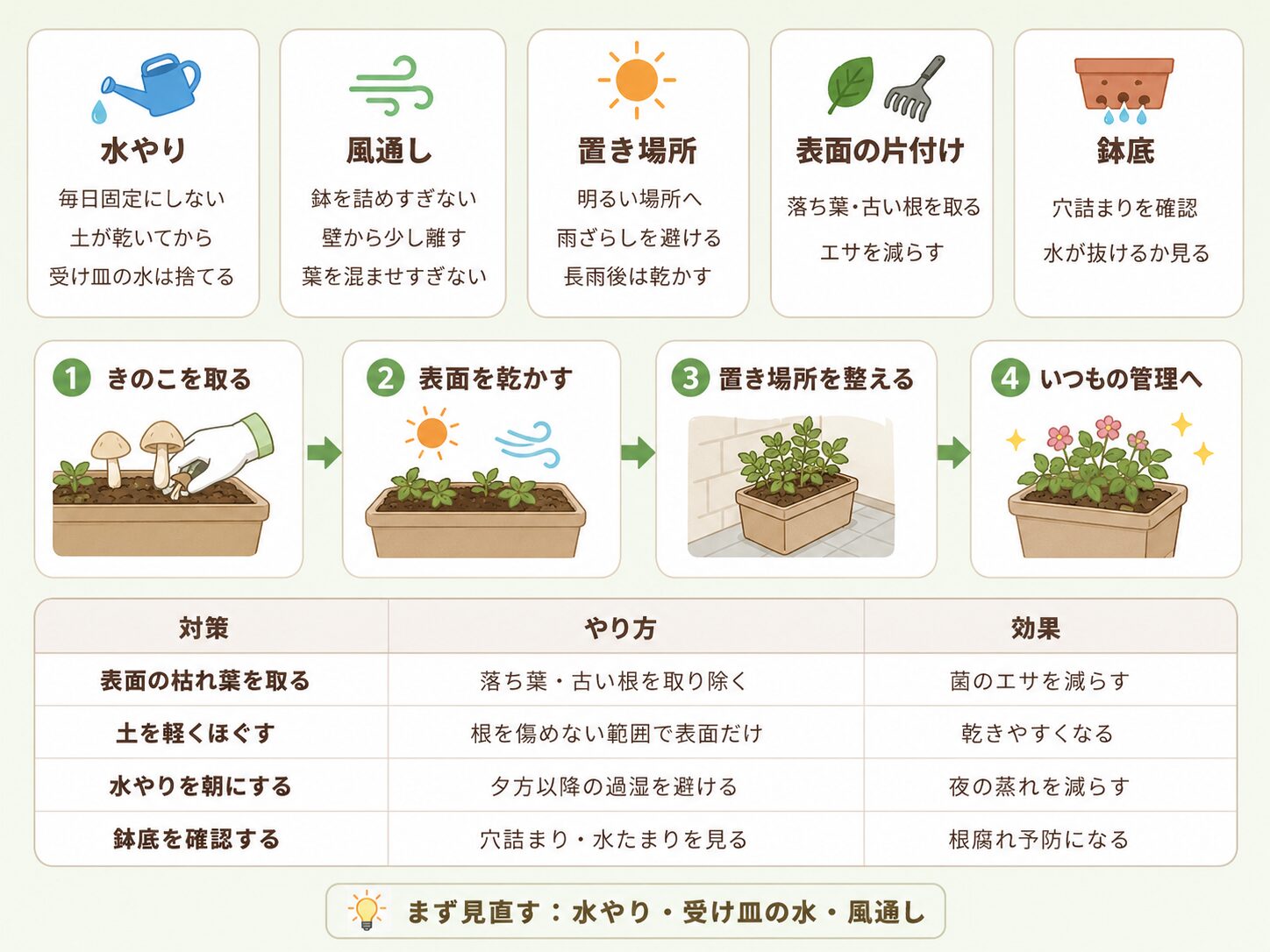 きのこの再発を防ぐための水やり風通し置き場所の管理