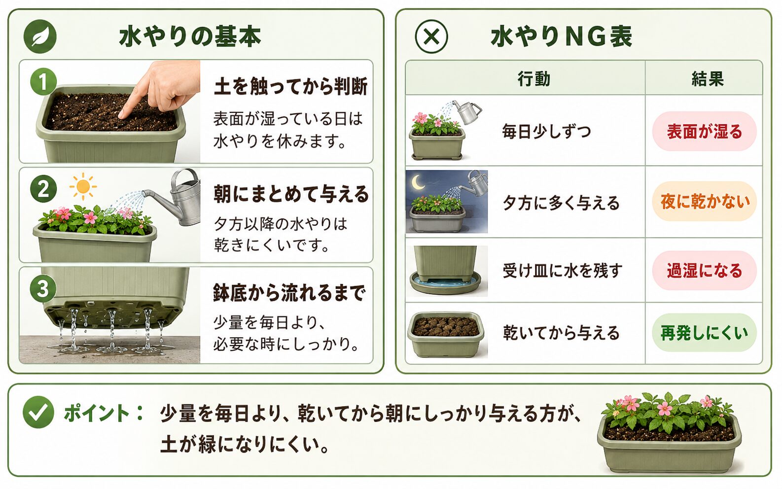 土の緑化を防ぐ水やりの基本。土を触ってから判断、朝にまとめて与える、鉢底から流れるまで水を与える