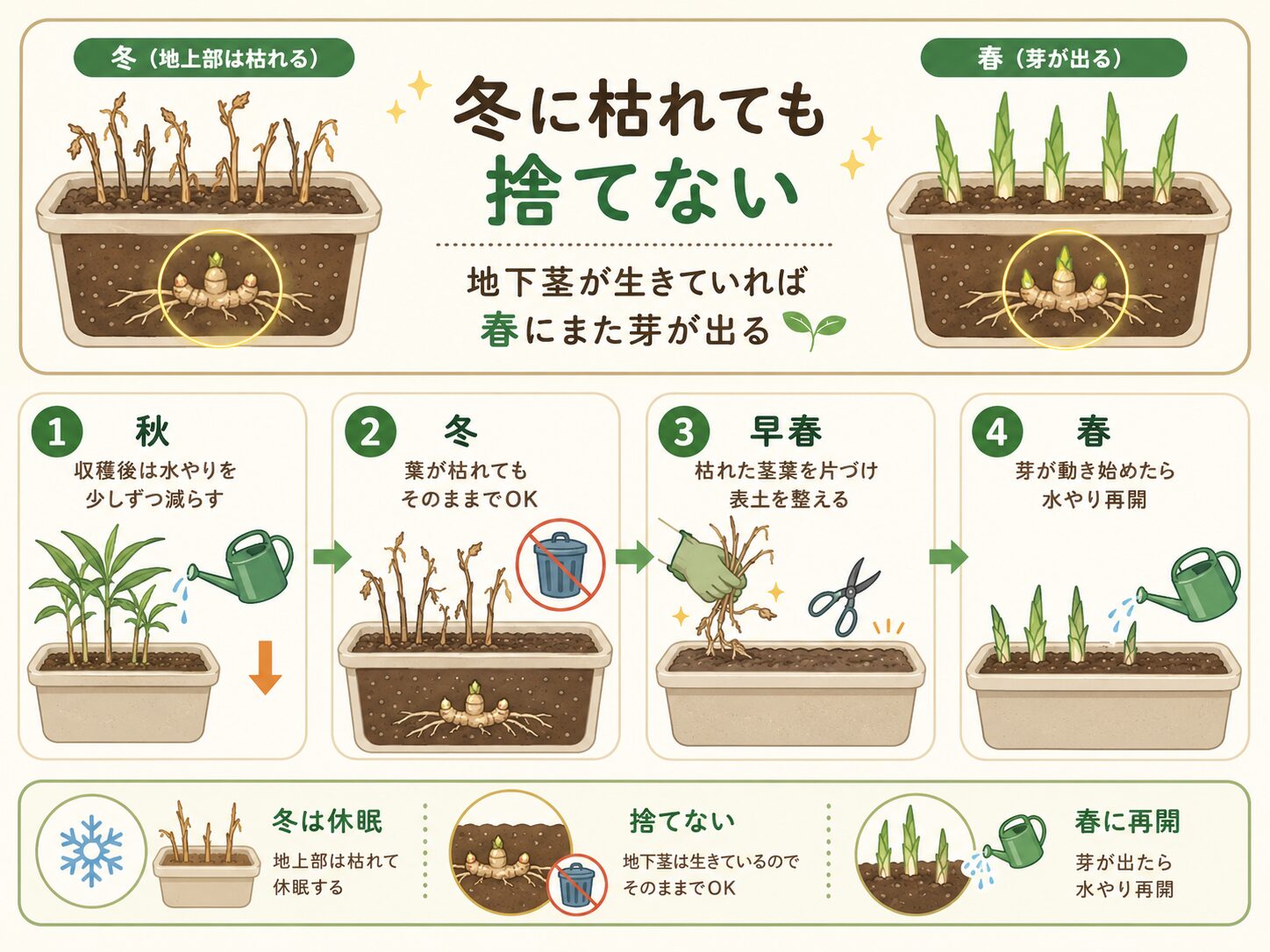 ミョウガの冬越しと春の再生を説明した図解