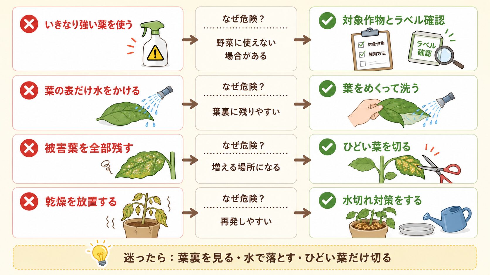 ハダニ対策で初心者がやりがちなNG行動と正しい対処法の比較表。