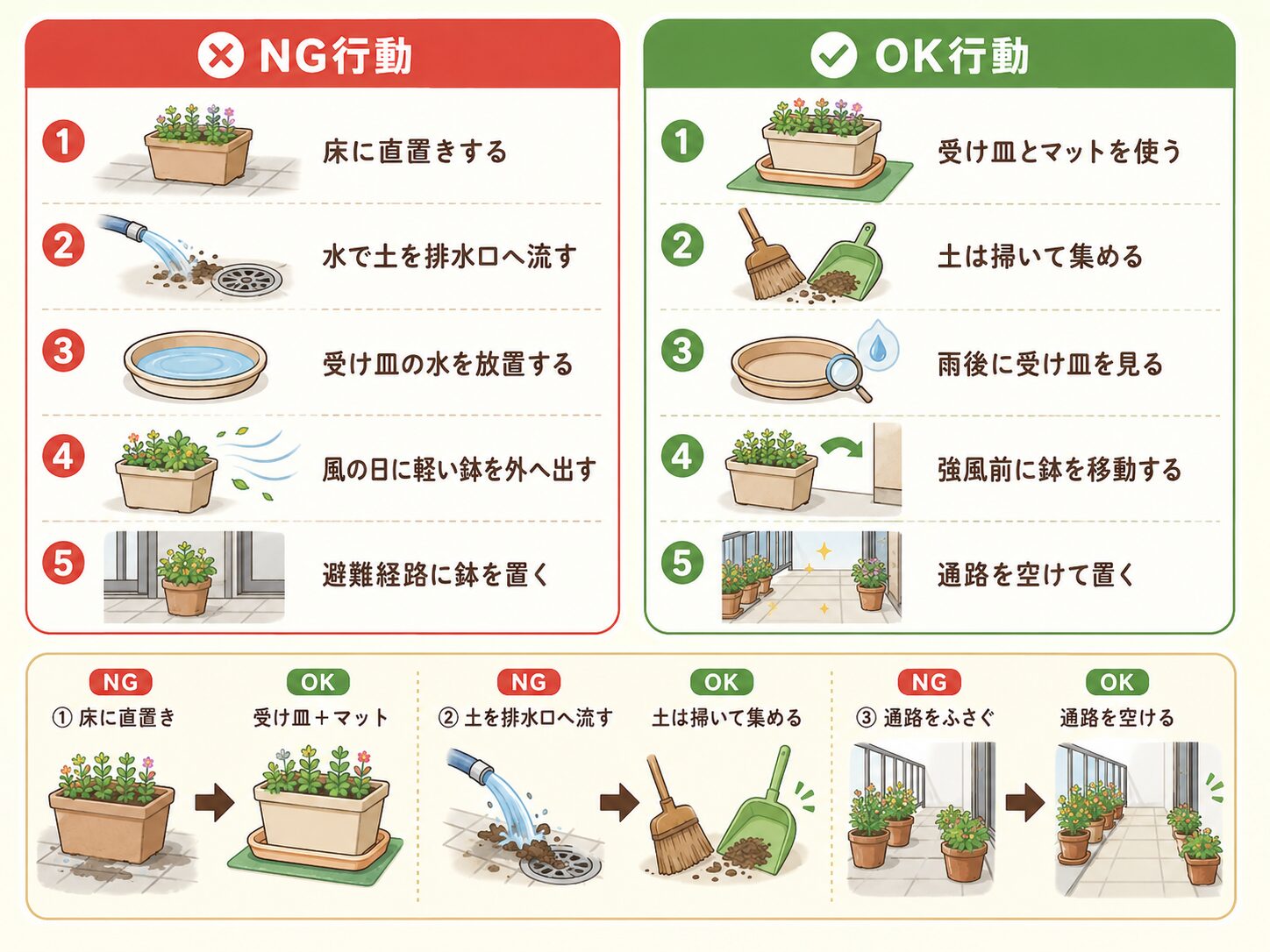 ベランダ菜園初心者がやりがちなNG行動とOK行動を比較した図解