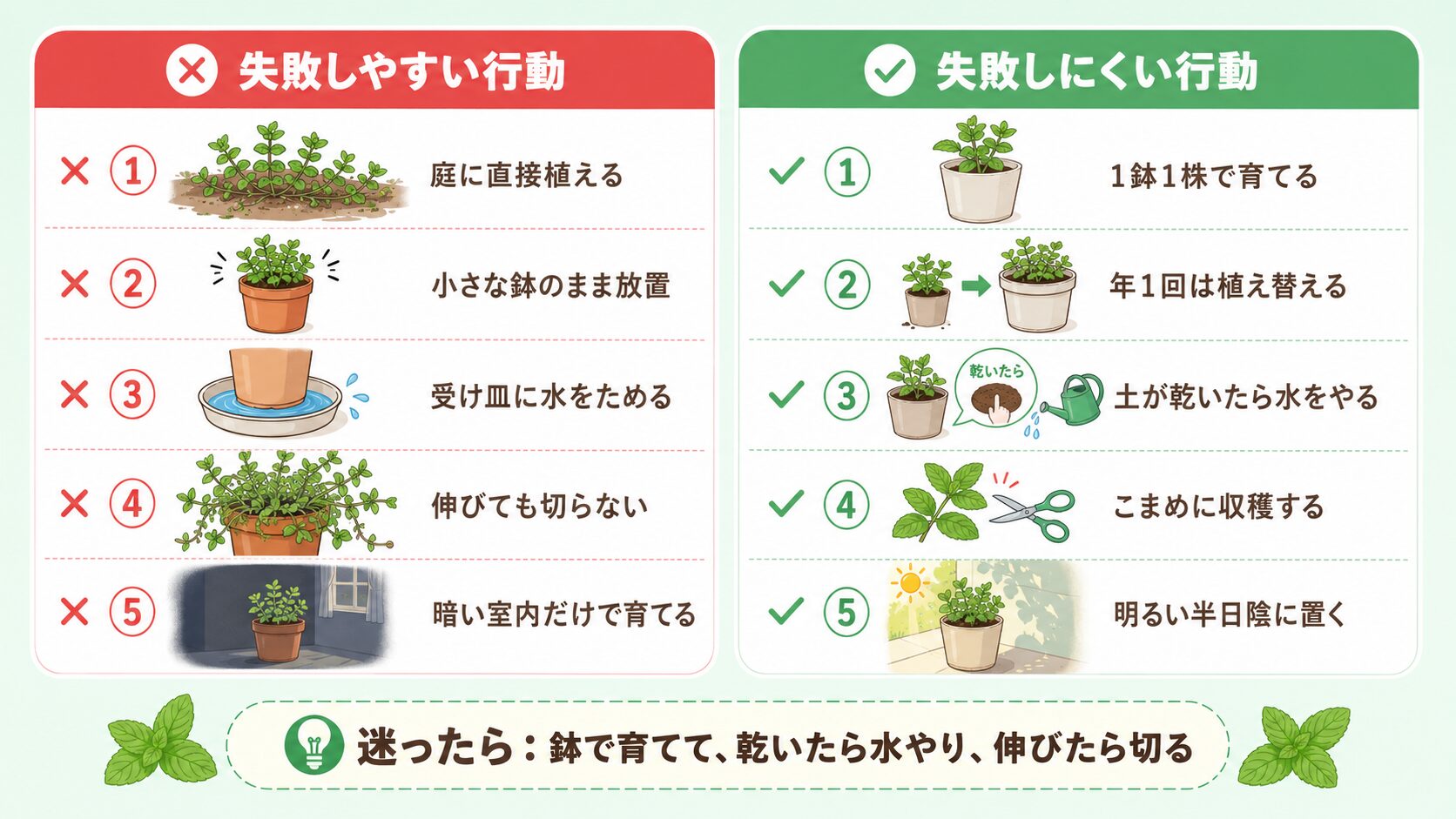 ミント栽培で初心者がやりがちな失敗と成功しやすい行動を比較した図解
