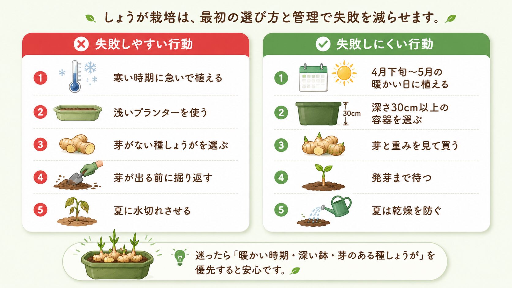 しょうが栽培で初心者がやりがちな失敗と成功しやすい行動の比較画像