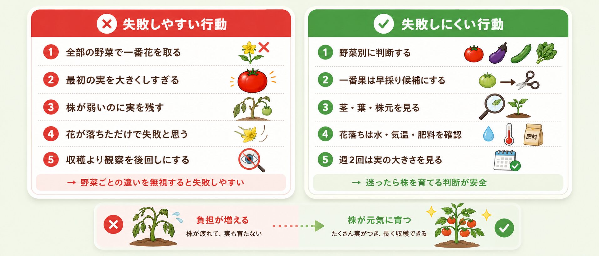 一番花と一番果で初心者がやりがちな失敗と成功しやすい行動の比較図