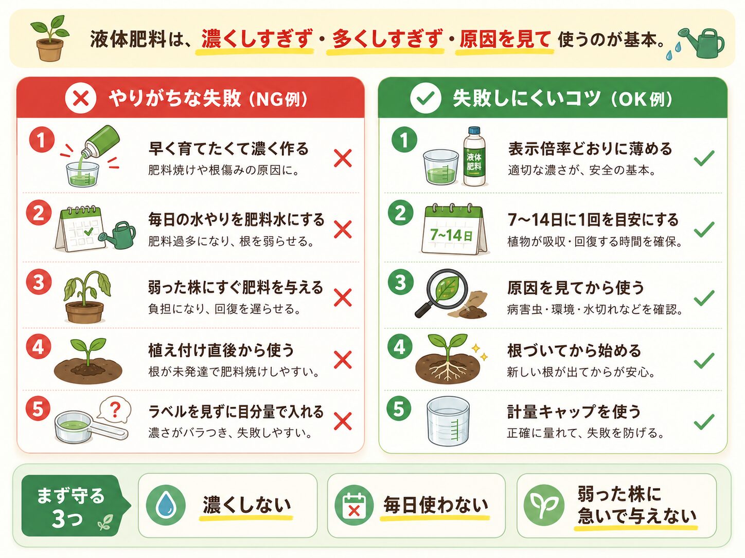 液体肥料で初心者がやりがちな失敗と失敗しにくいコツを比較した図解。濃くしすぎ、毎日使う、弱った株にすぐ与えるなどをNG例として示している。