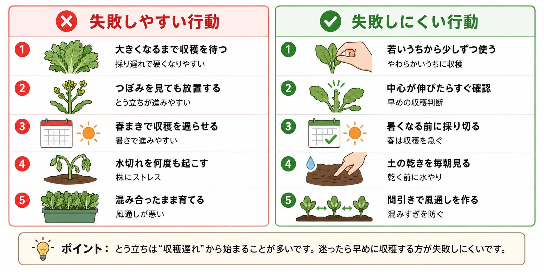 葉物野菜のとう立ちで初心者がやりがちな失敗と、失敗しにくい行動を左右で比較した図解。