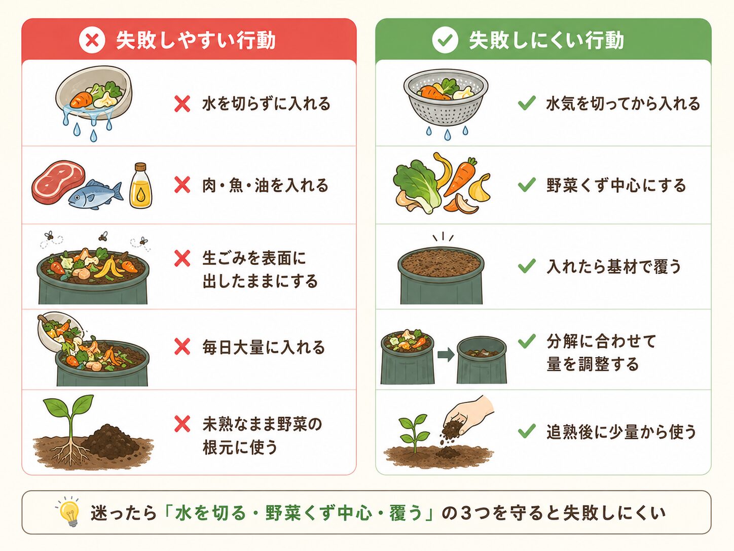 生ごみコンポストで初心者がやりがちな失敗と失敗しにくい行動を比較した図解