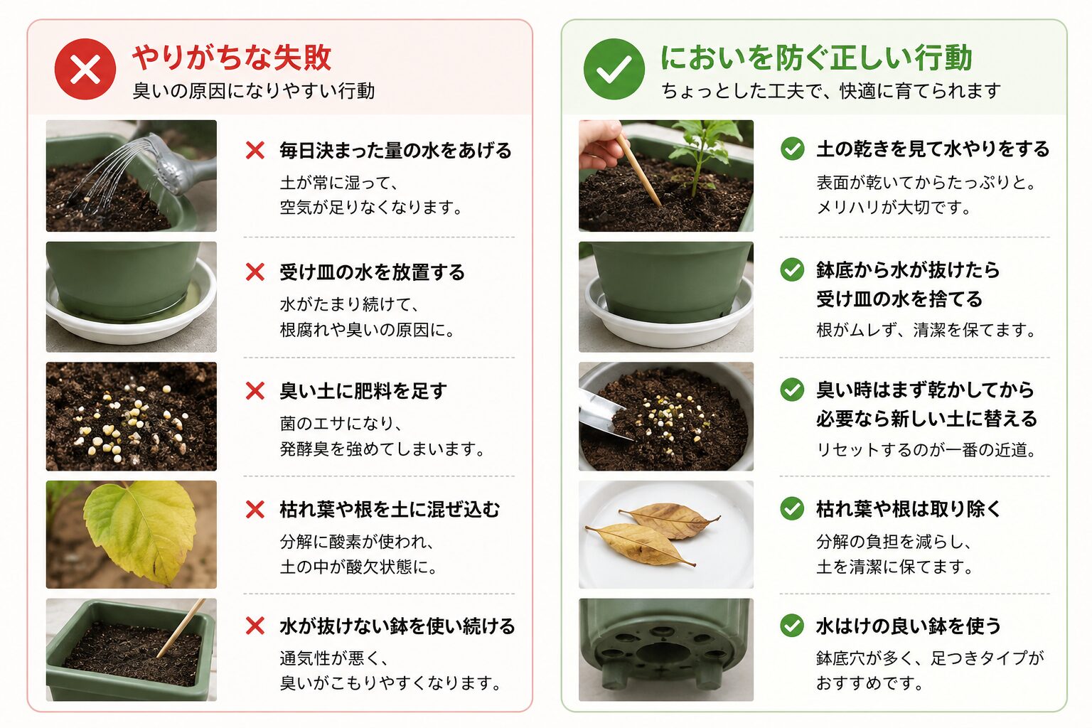 プランターの土が臭くなる初心者の失敗と正しい行動の比較図