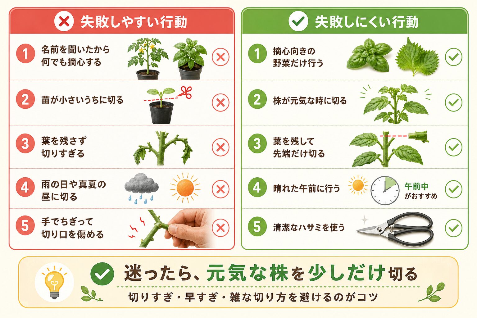 初心者がやりがちな摘心の失敗と失敗しにくい行動を比較した図解