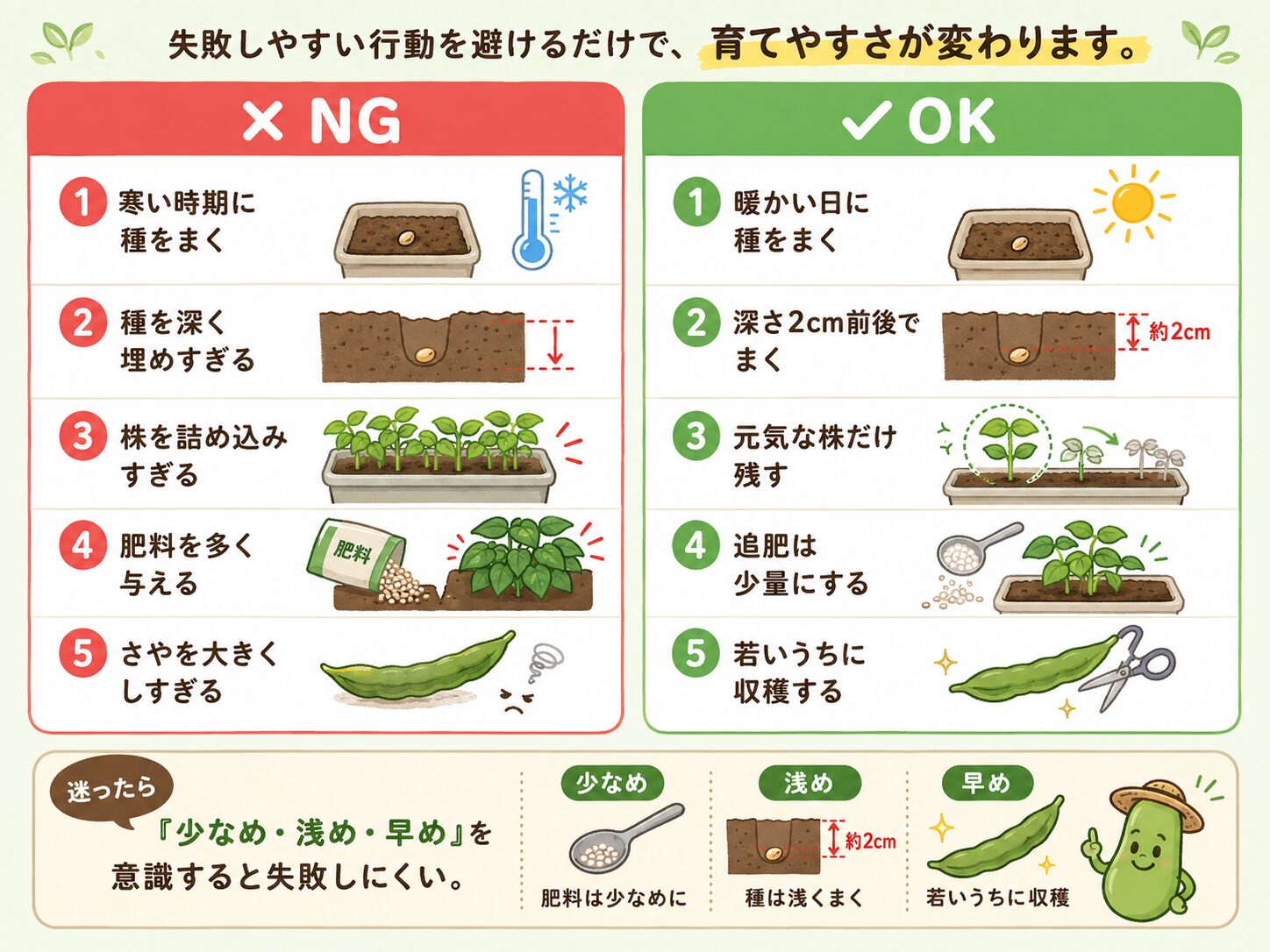 つるなしインゲン初心者がやりがちな失敗と正しい育て方を比較した図解