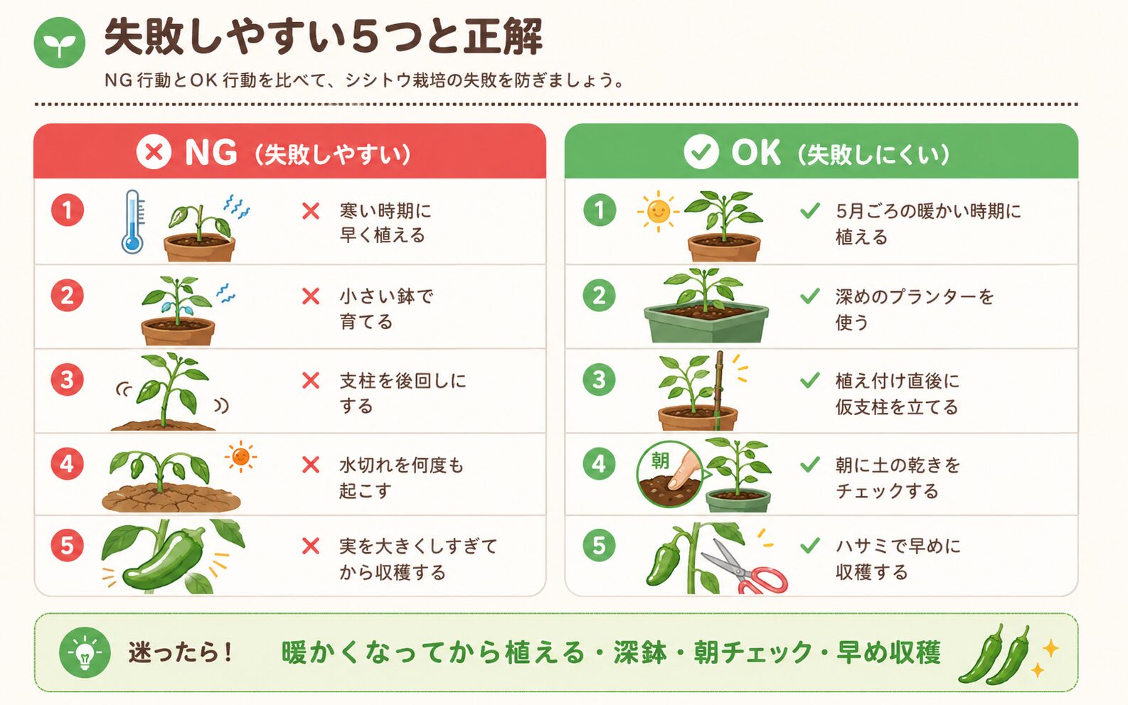 ししとう栽培で初心者がやりがちなNG行動とOK行動の比較図