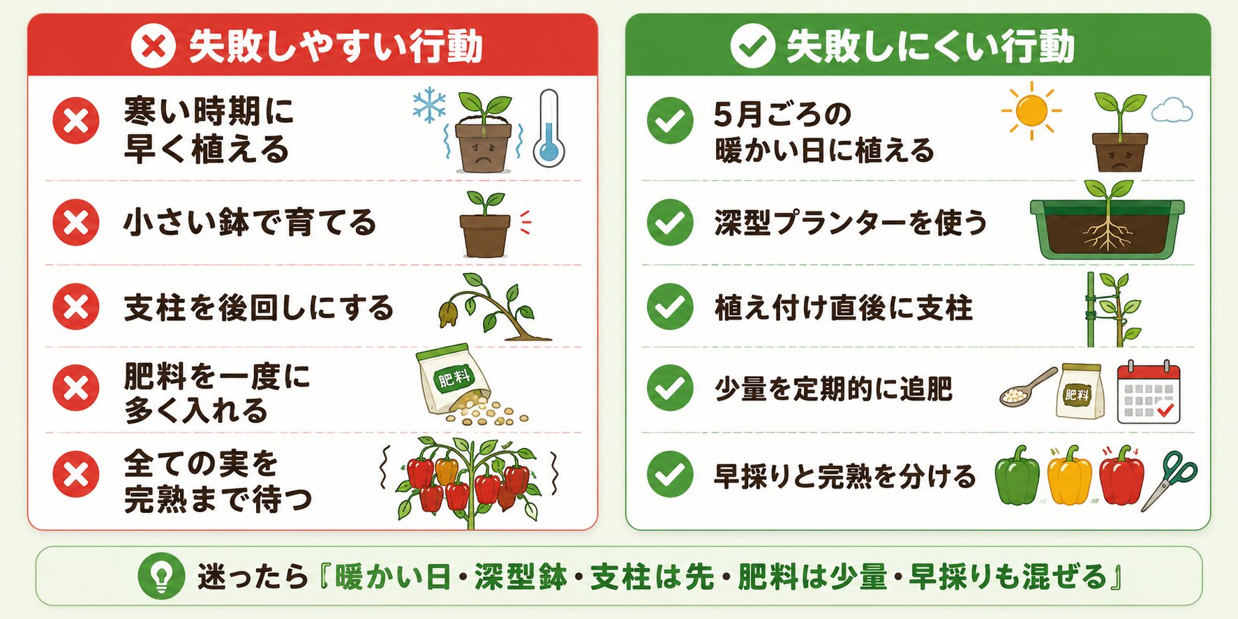 パプリカ栽培で初心者がやりがちな失敗と失敗しにくい行動を比較した図解