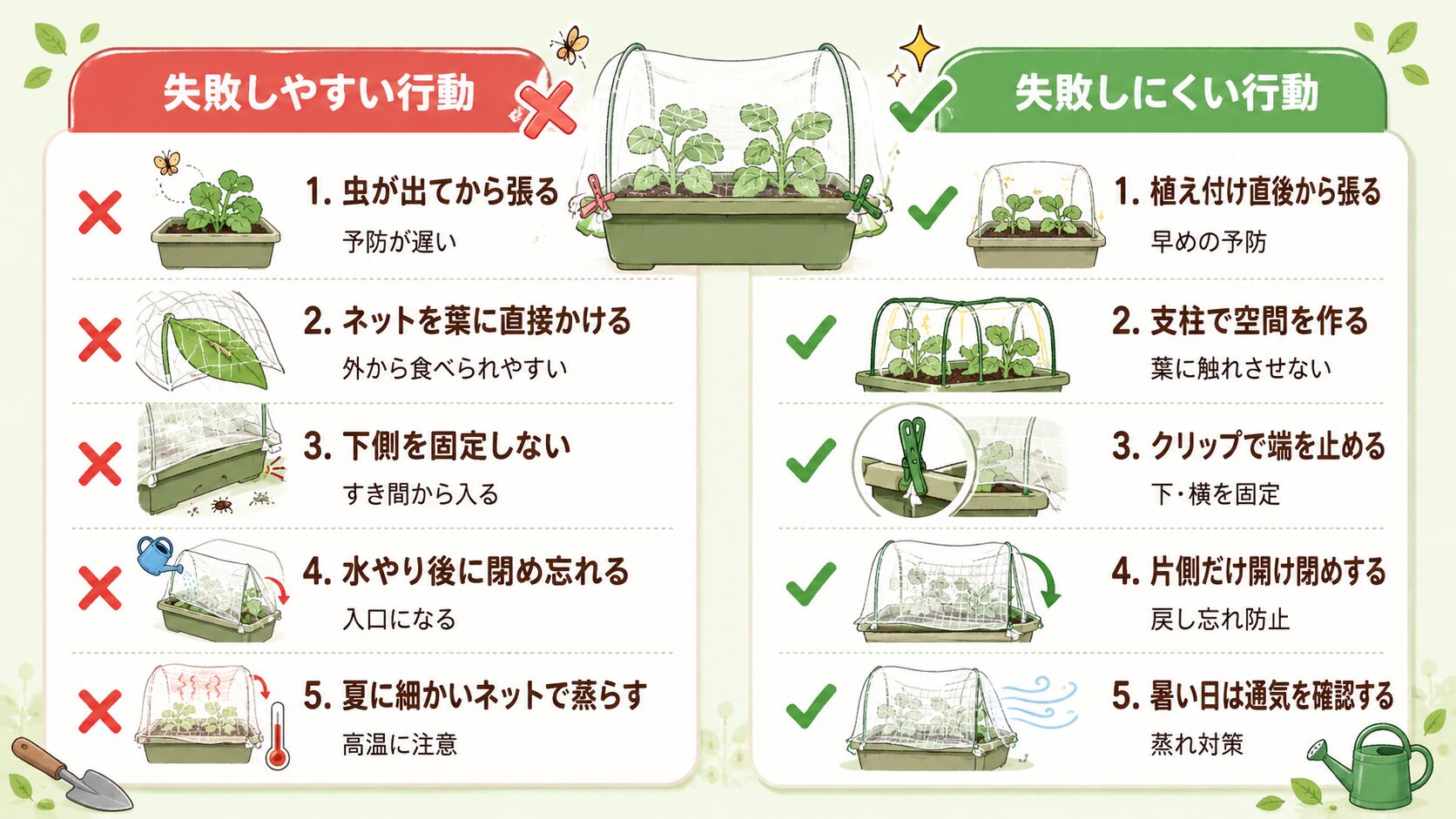 防虫ネットで初心者がやりがちな失敗と正しい対策を比較した図解