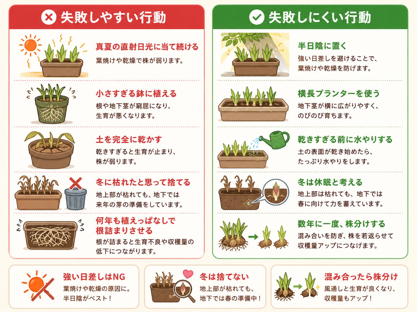 ミョウガ栽培で初心者がやりがちな失敗と対策を比較した図解