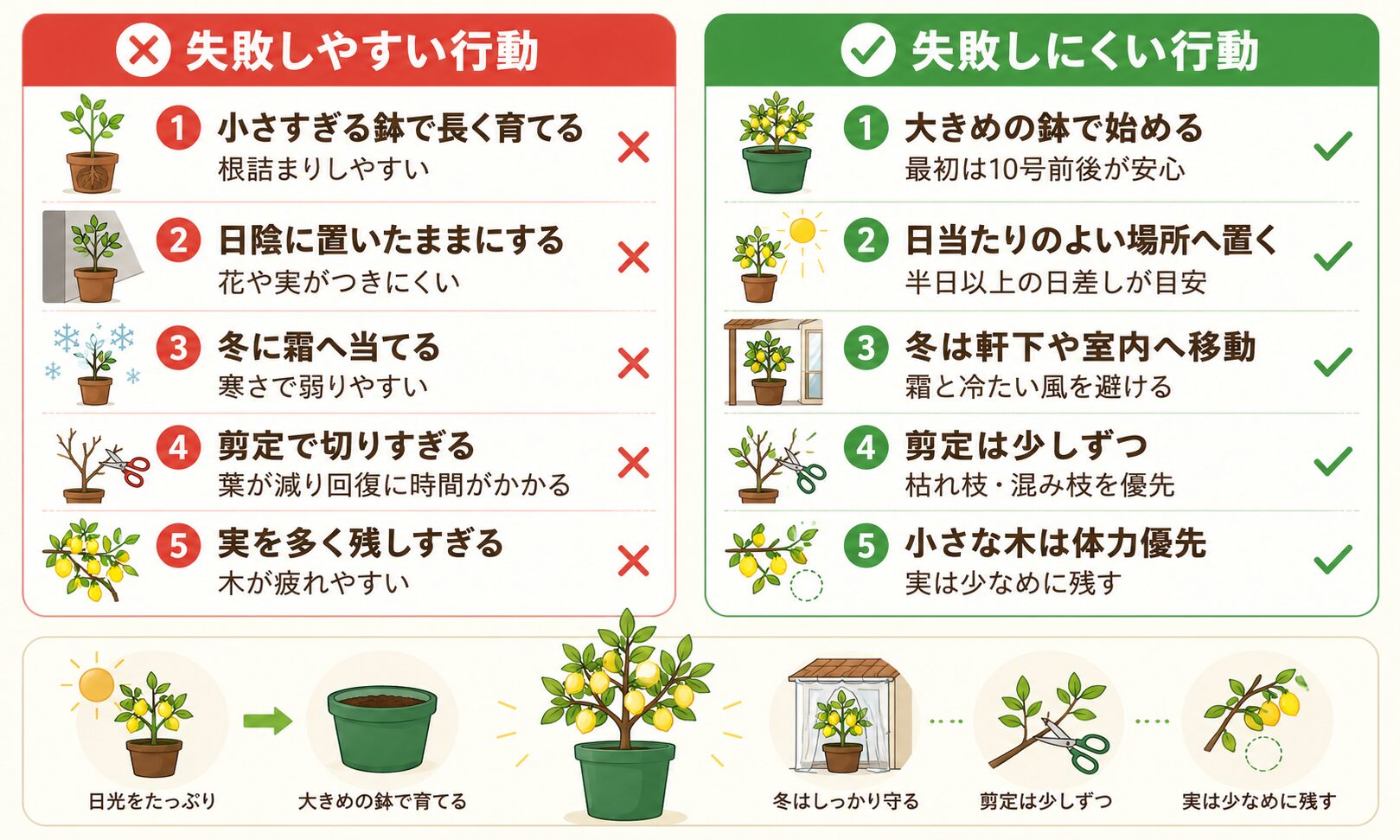 鉢植えレモンで初心者がやりがちな失敗と失敗しにくい行動