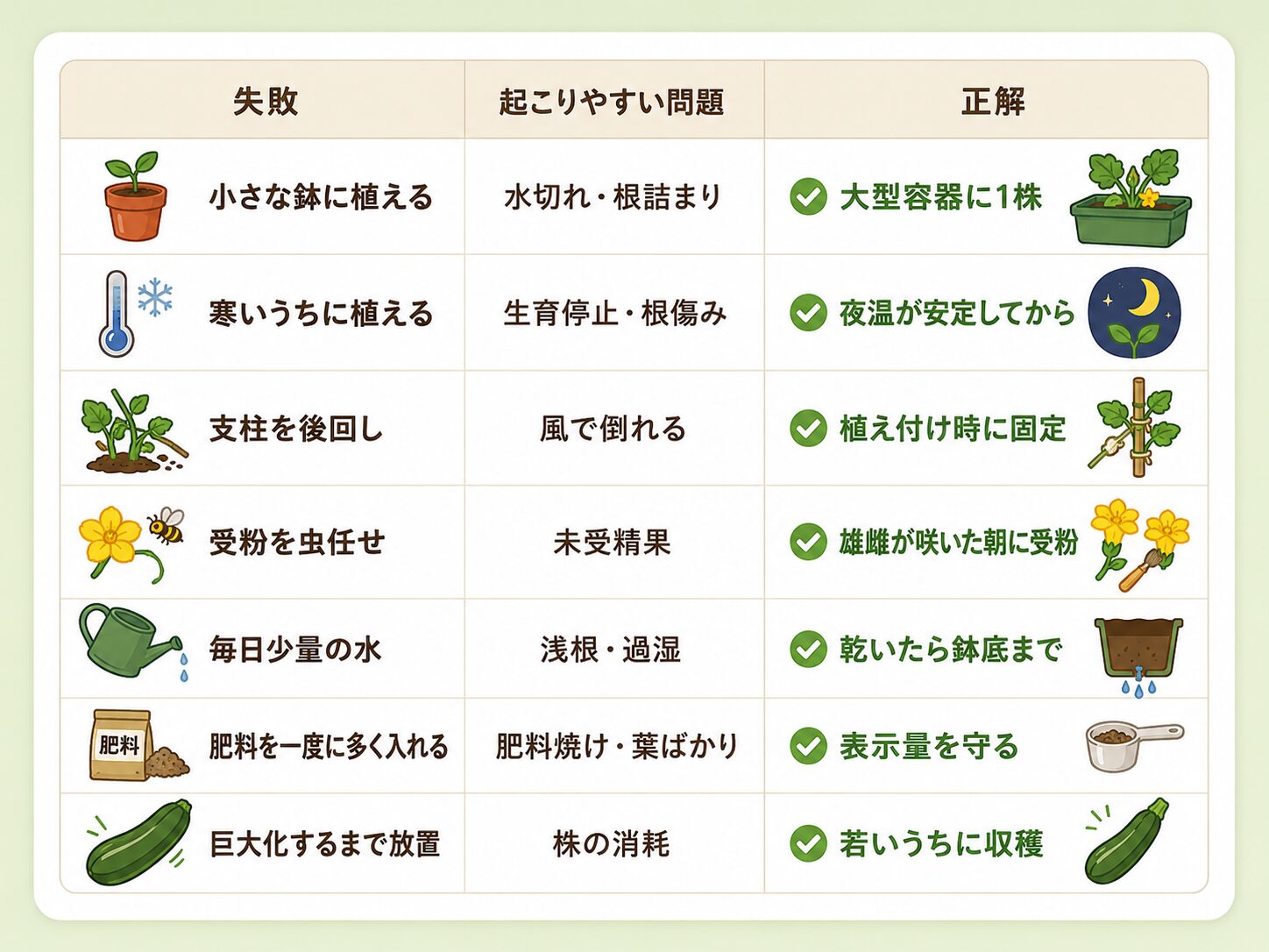 ズッキーニ栽培で初心者がやりがちな7つの失敗と起こりやすい問題、正しい対処法の比較表