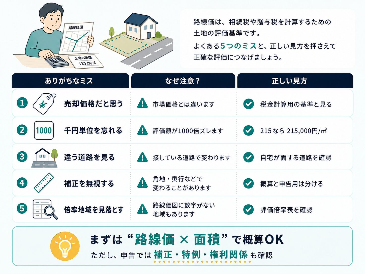 路線価を売却価格と思う、千円単位を忘れる、違う道路を見る、補正を無視する、倍率地域を見落とすという5つのミスと正しい見方を示した図解