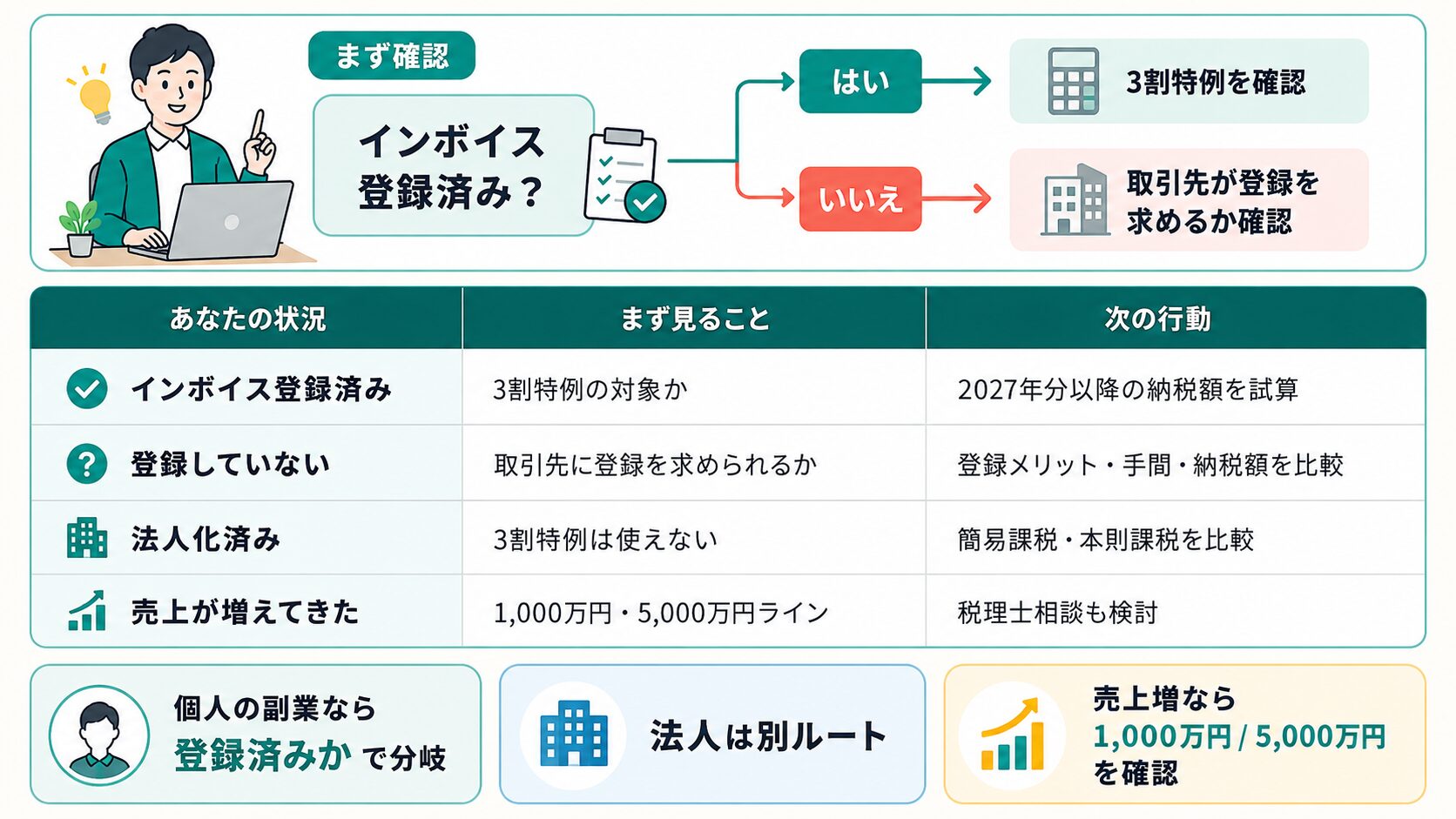 副業会社員がインボイス登録済みか未登録かで次の行動を判断するための図解