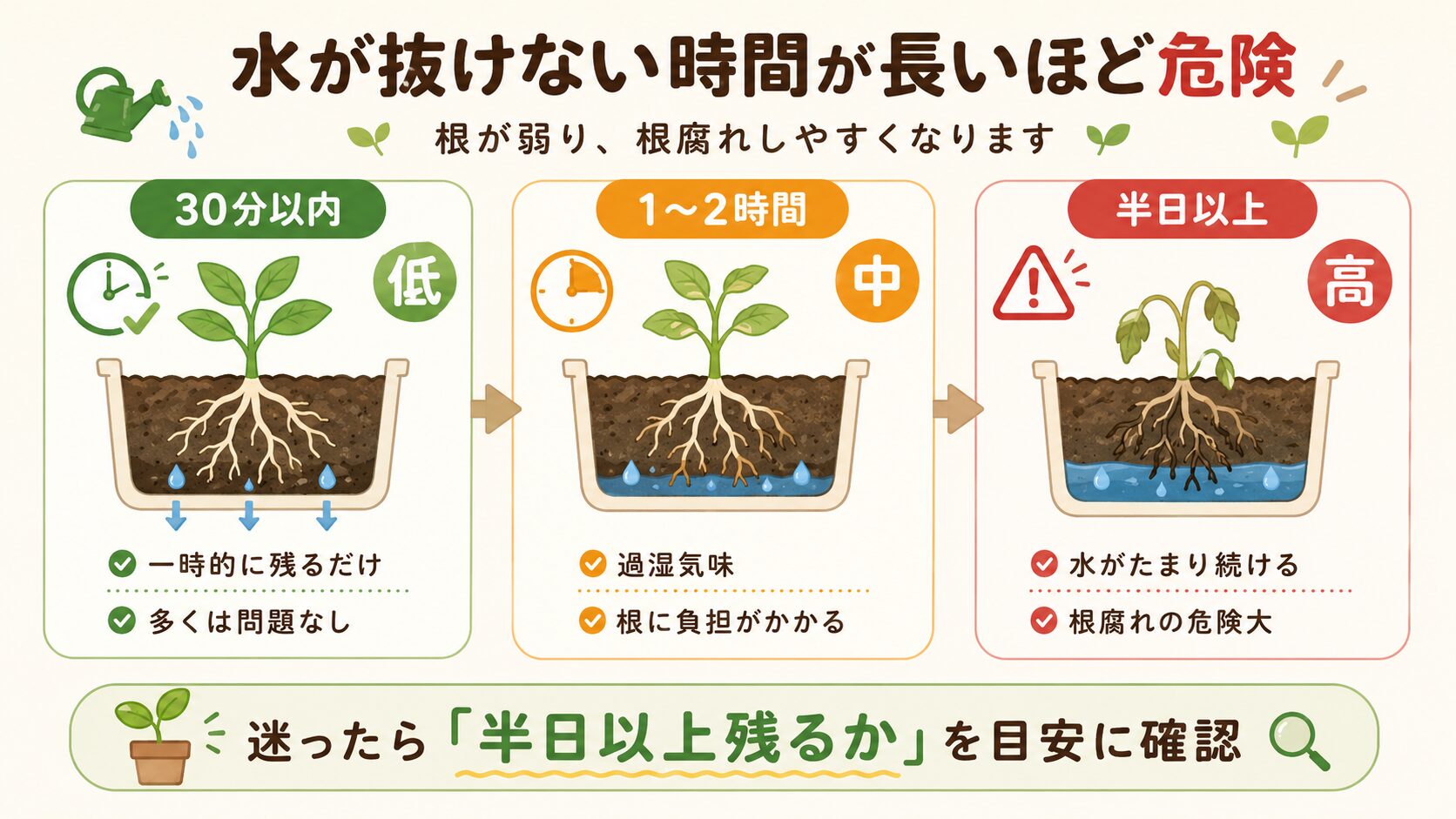 水が抜けない時間ごとの危険度を示す図解。30分以内、1から2時間、半日以上で根腐れリスクを比較