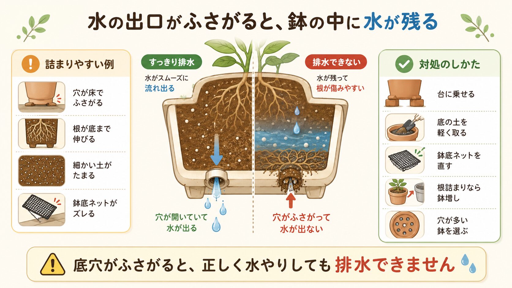 鉢底穴がふさがる原因と対処を示す図解。根や土で排水穴が詰まり、水が鉢の中に残る様子