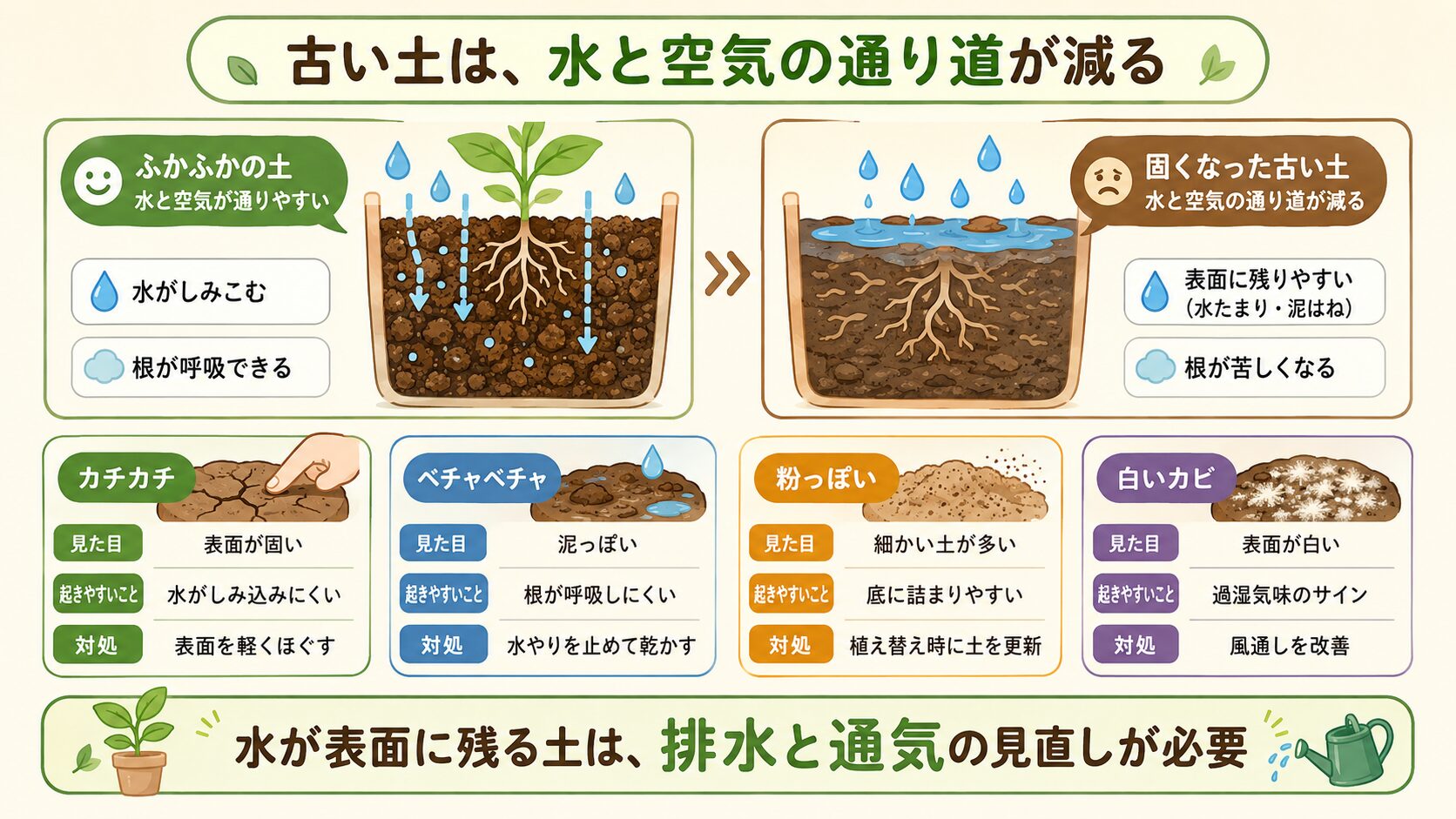 古い土が固くなり水と空気の通り道が減ることを示す図解。ふかふかの土と固い古土を比較