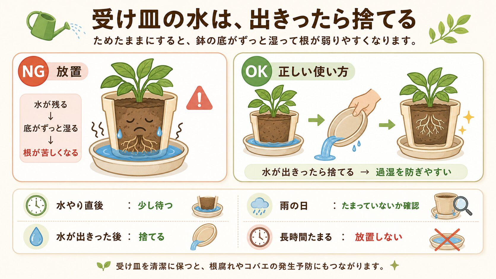 受け皿に水を残すNG例と正しい使い方を示す図解。水が出きったら受け皿の水を捨てる方法