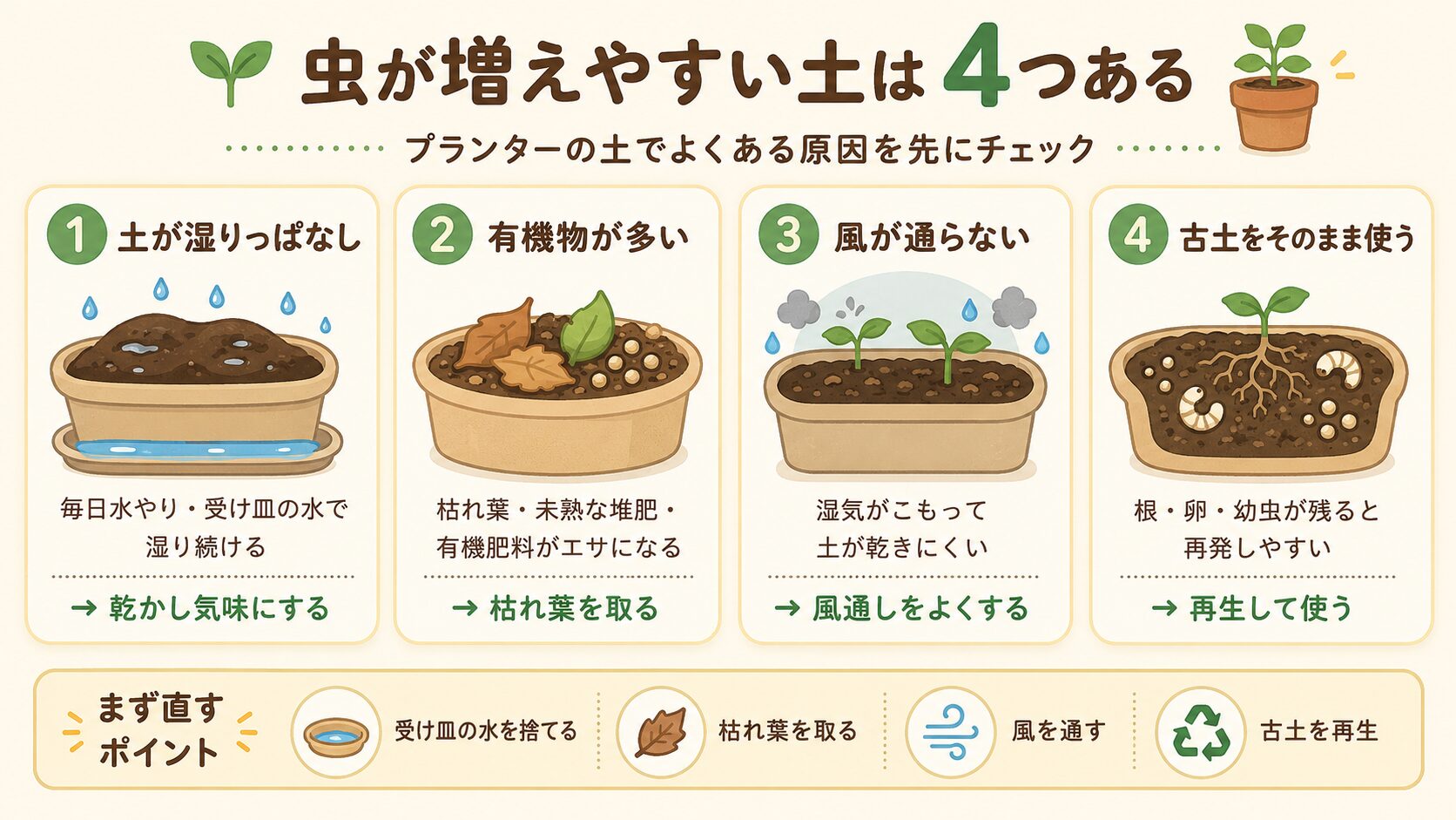 虫が増えやすいプランターの土の4つの原因と対策