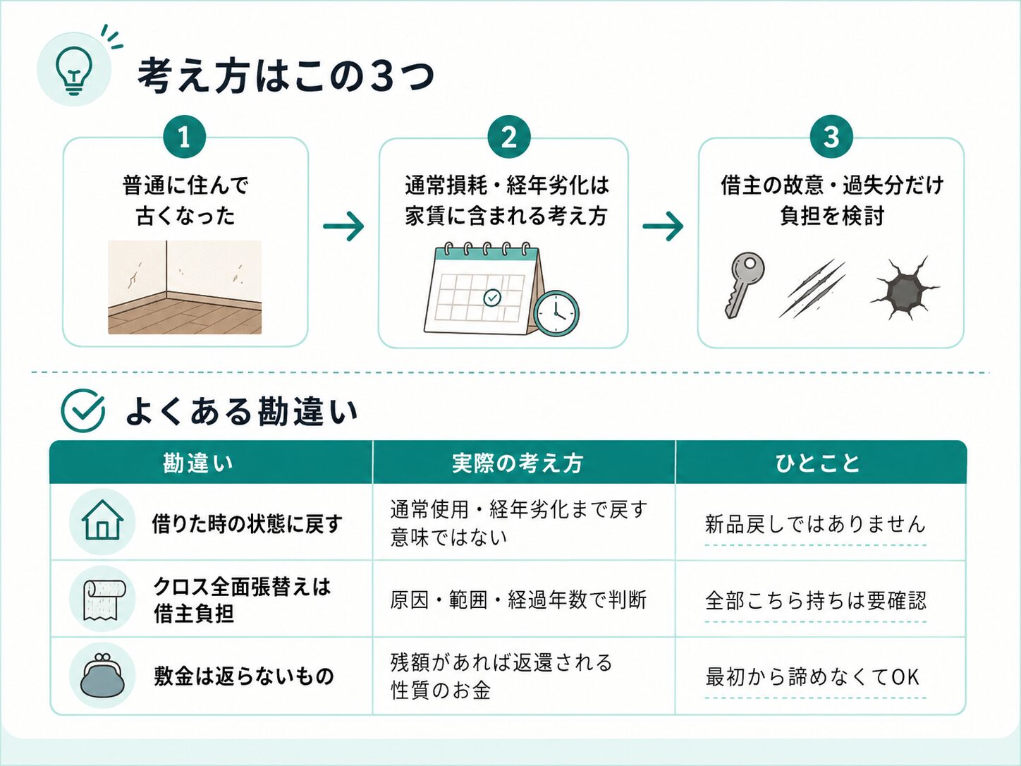 原状回復は新品に戻すことではなく、通常損耗や経年劣化を考慮する説明図