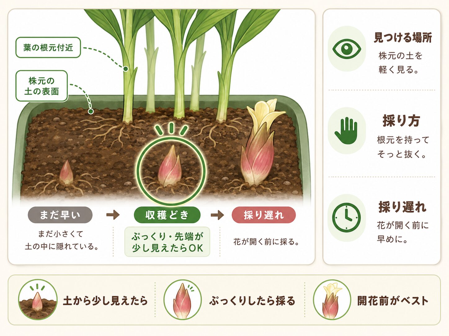 ミョウガの収穫タイミングと採り方を示した図解