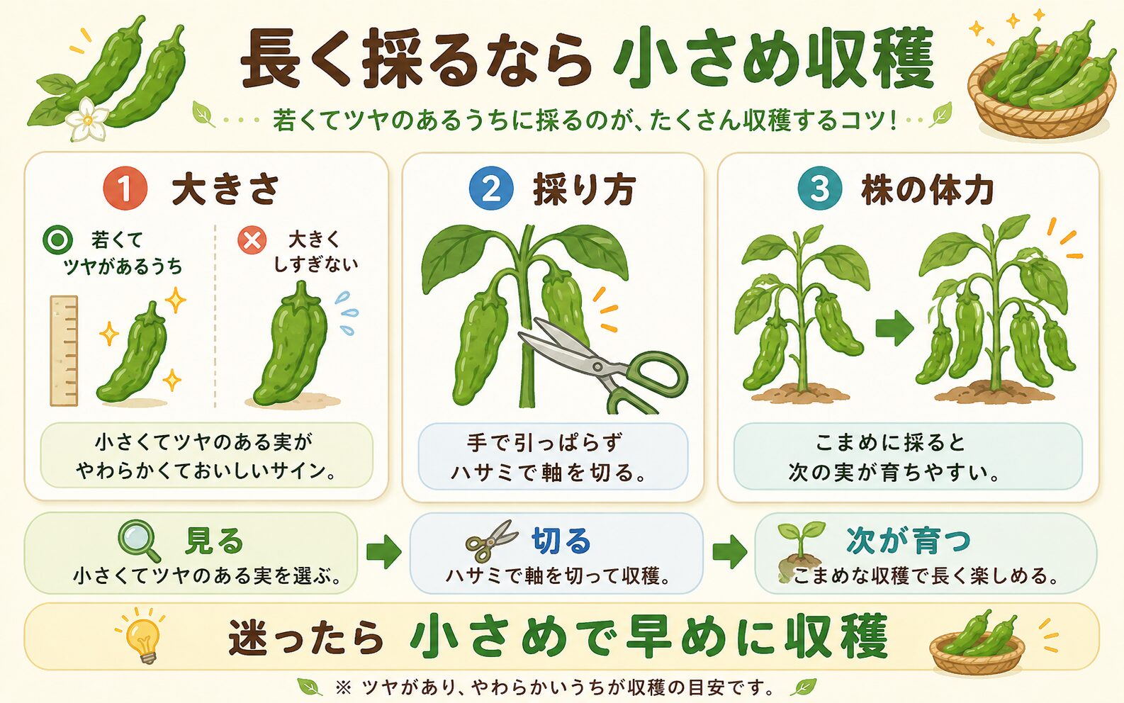 ししとうを小さめで早めに収穫するコツを説明した図解