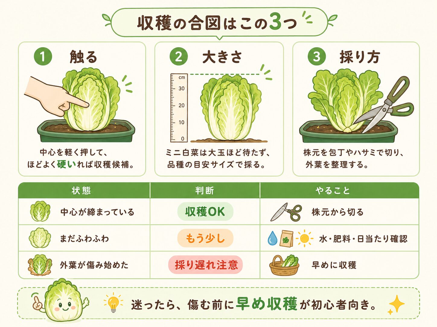 ミニ白菜の収穫タイミングと採り方を解説した図解