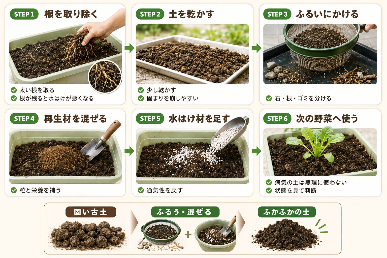 収穫後に固い古土をふかふかな土へ戻す6ステップの図解