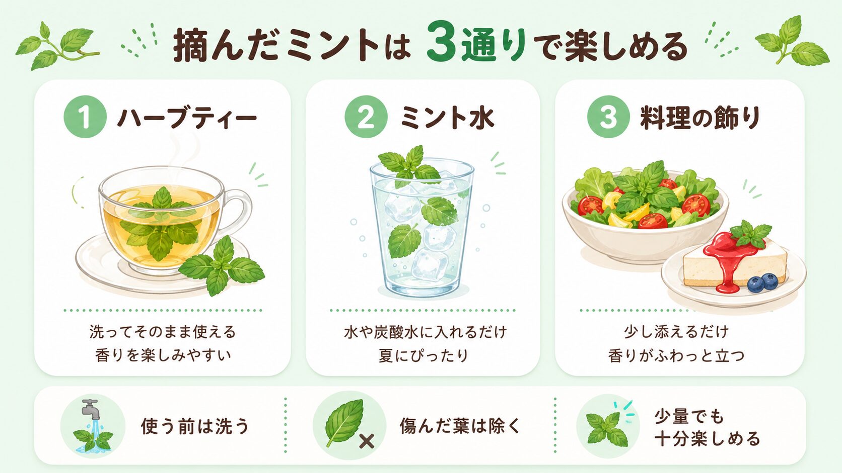 収穫したミントの使い方を3通りで解説した図解