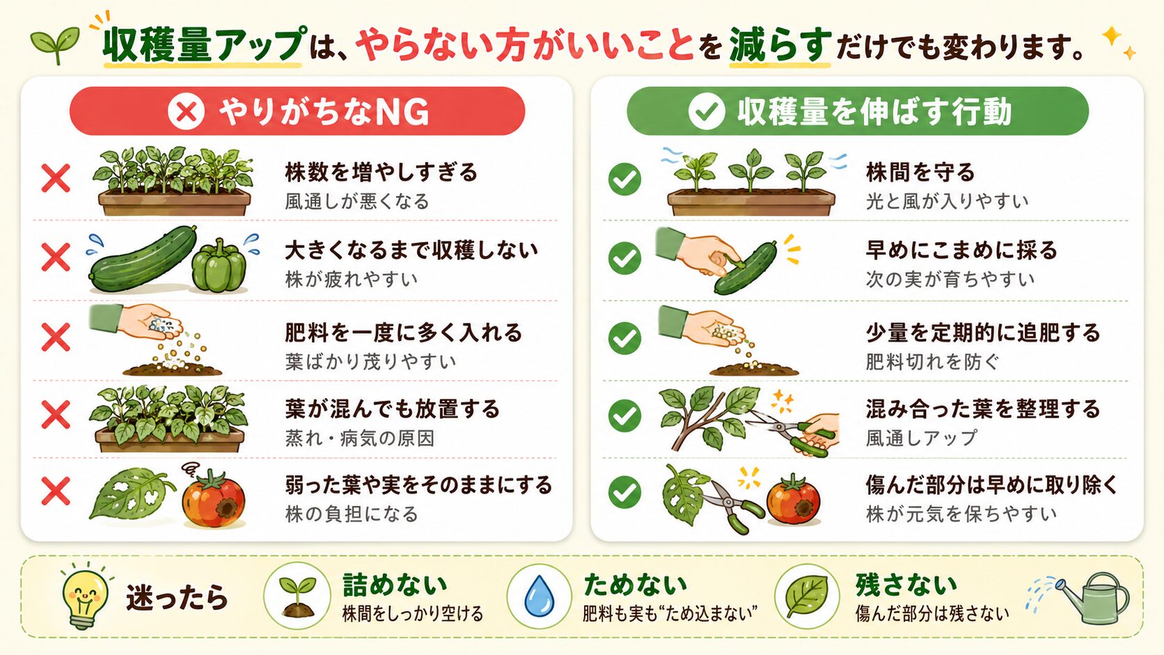 家庭菜園で収穫量が減るNG行動と改善行動。株数の詰めすぎ、採り遅れ、肥料の入れすぎ、葉の混雑、傷んだ葉や実の放置を図解