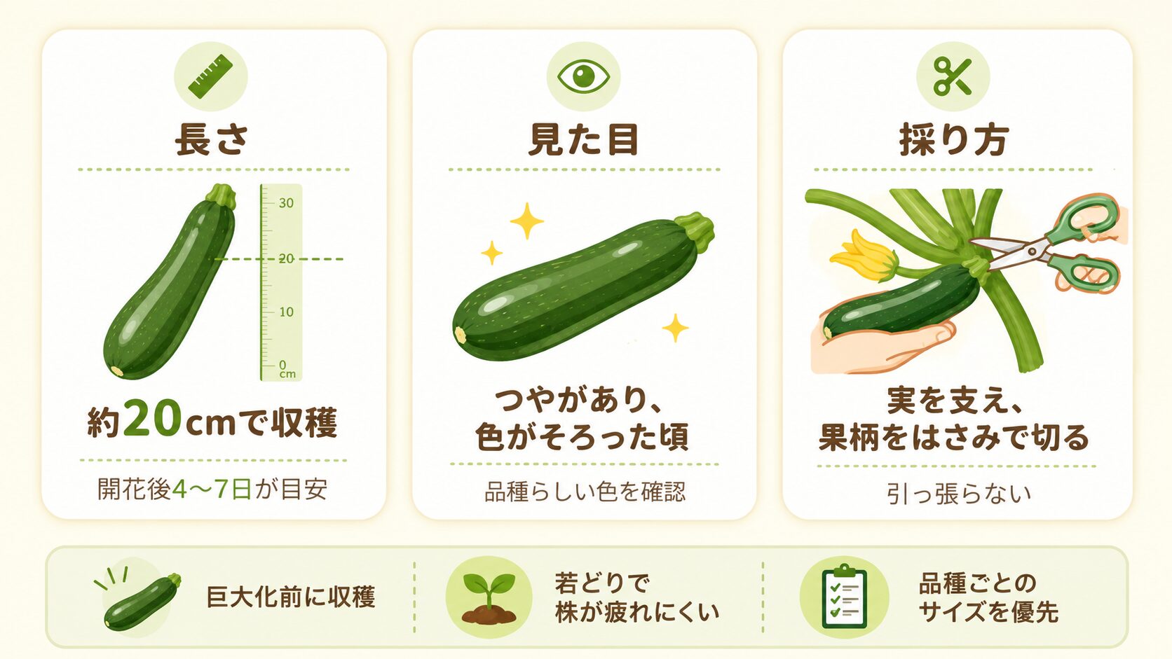 ズッキーニの収穫時期。開花後4日から7日、約20cmで収穫し、果柄をはさみで切る方法