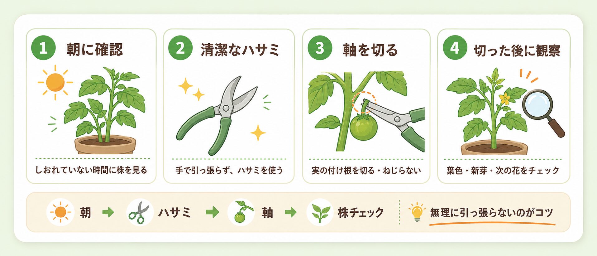 一番花や一番果を取る時・採る時の手順を説明する図解