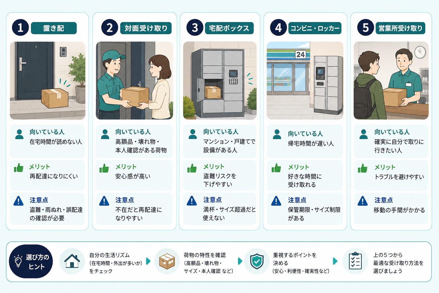 置き配、対面受け取り、宅配ボックス、コンビニやロッカー、営業所受け取りの違いを比較した図