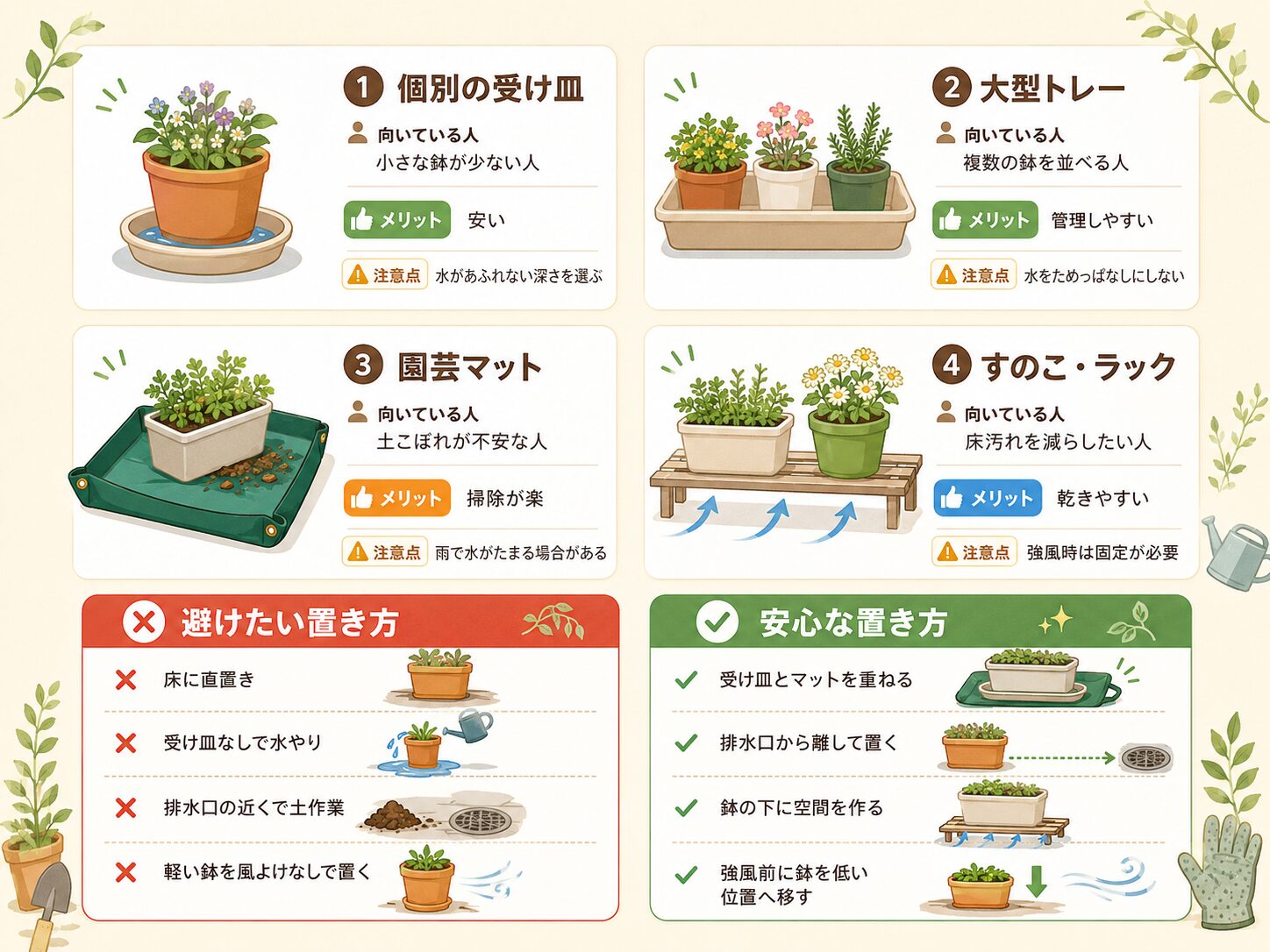 受け皿、大型トレー、園芸マット、すのこラックの選び方を説明した図解